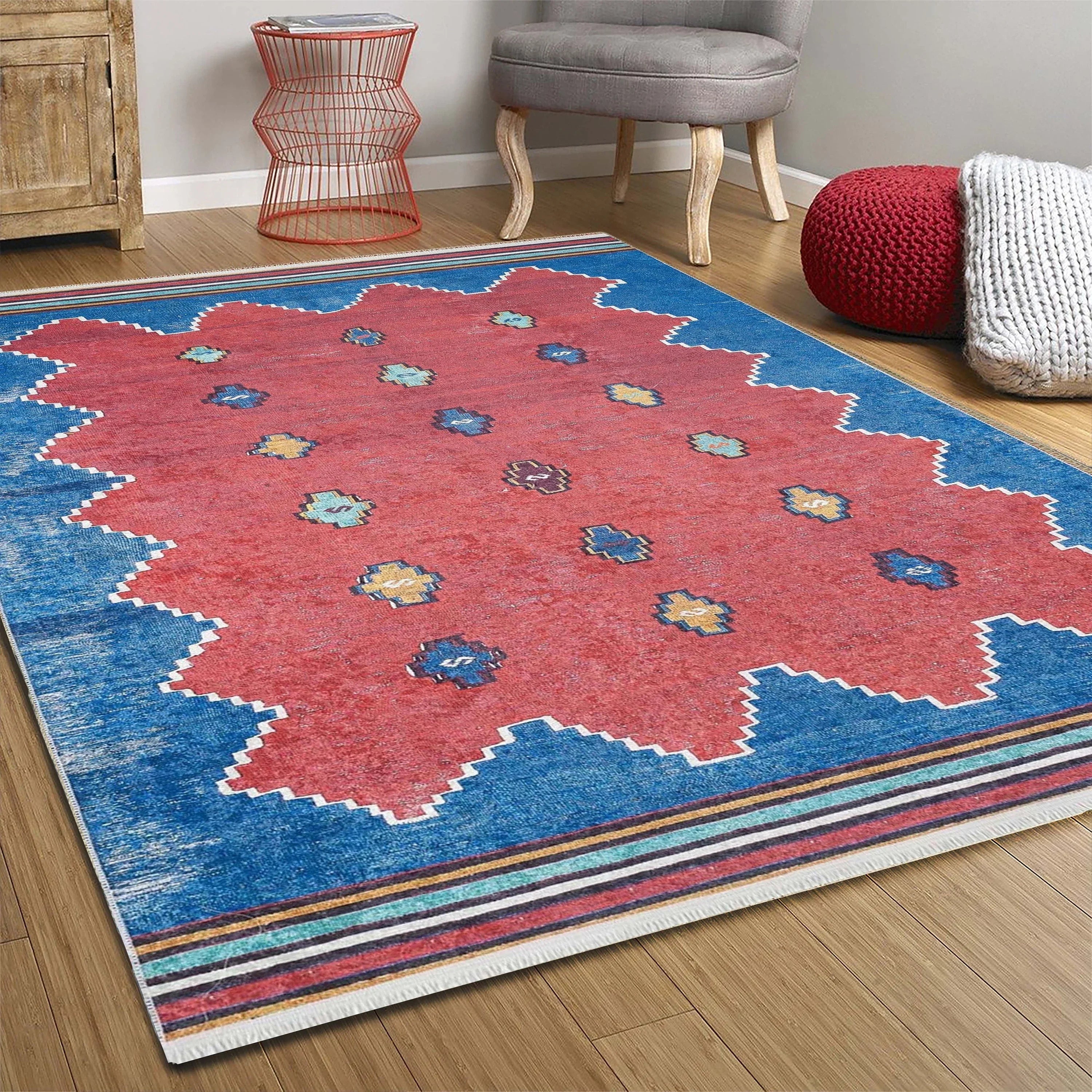 Kırmızı Mavi Geometrik Desenli Düz Dokuma Kilim Halı