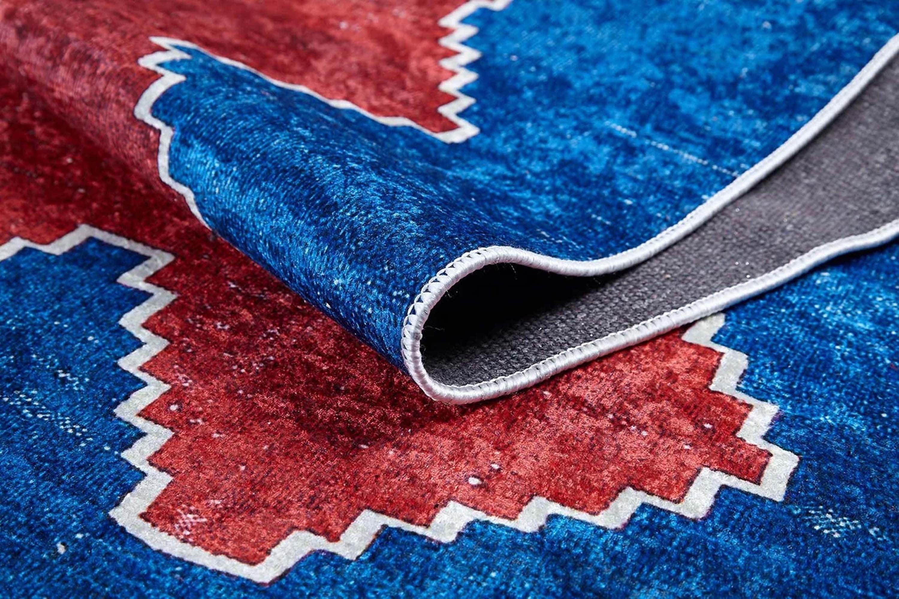 Kırmızı Mavi Geometrik Desenli Düz Dokuma Kilim Halı