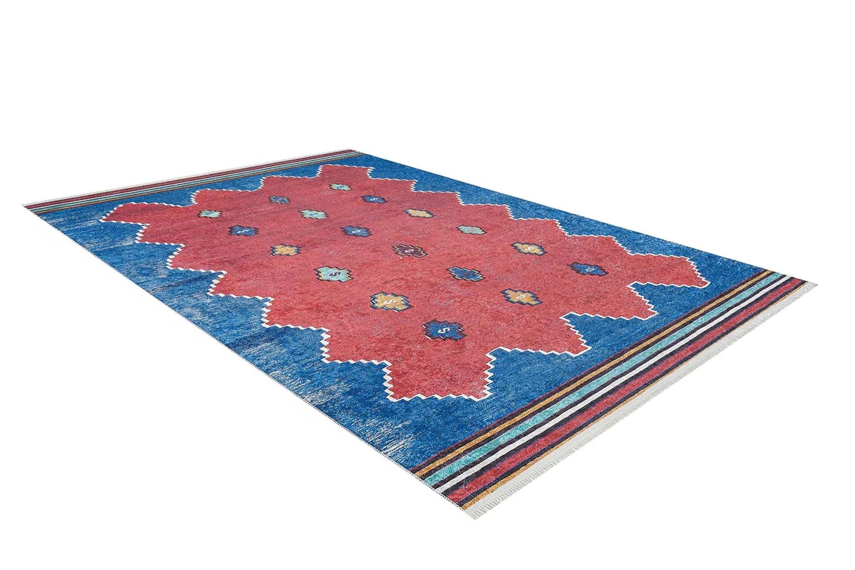 Kırmızı Mavi Geometrik Desenli Düz Dokuma Kilim Halı
