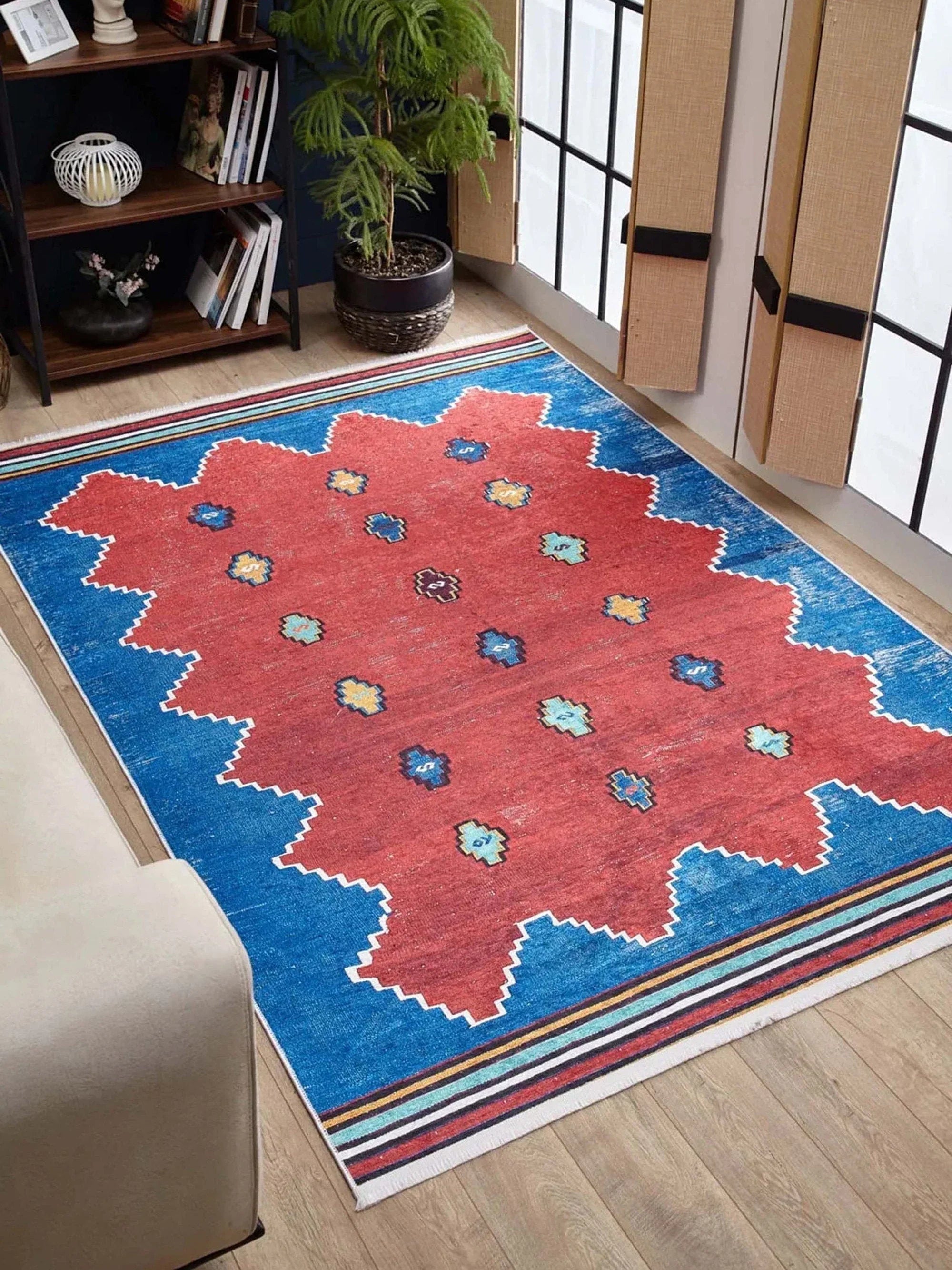 Kırmızı Mavi Geometrik Desenli Düz Dokuma Kilim Halı