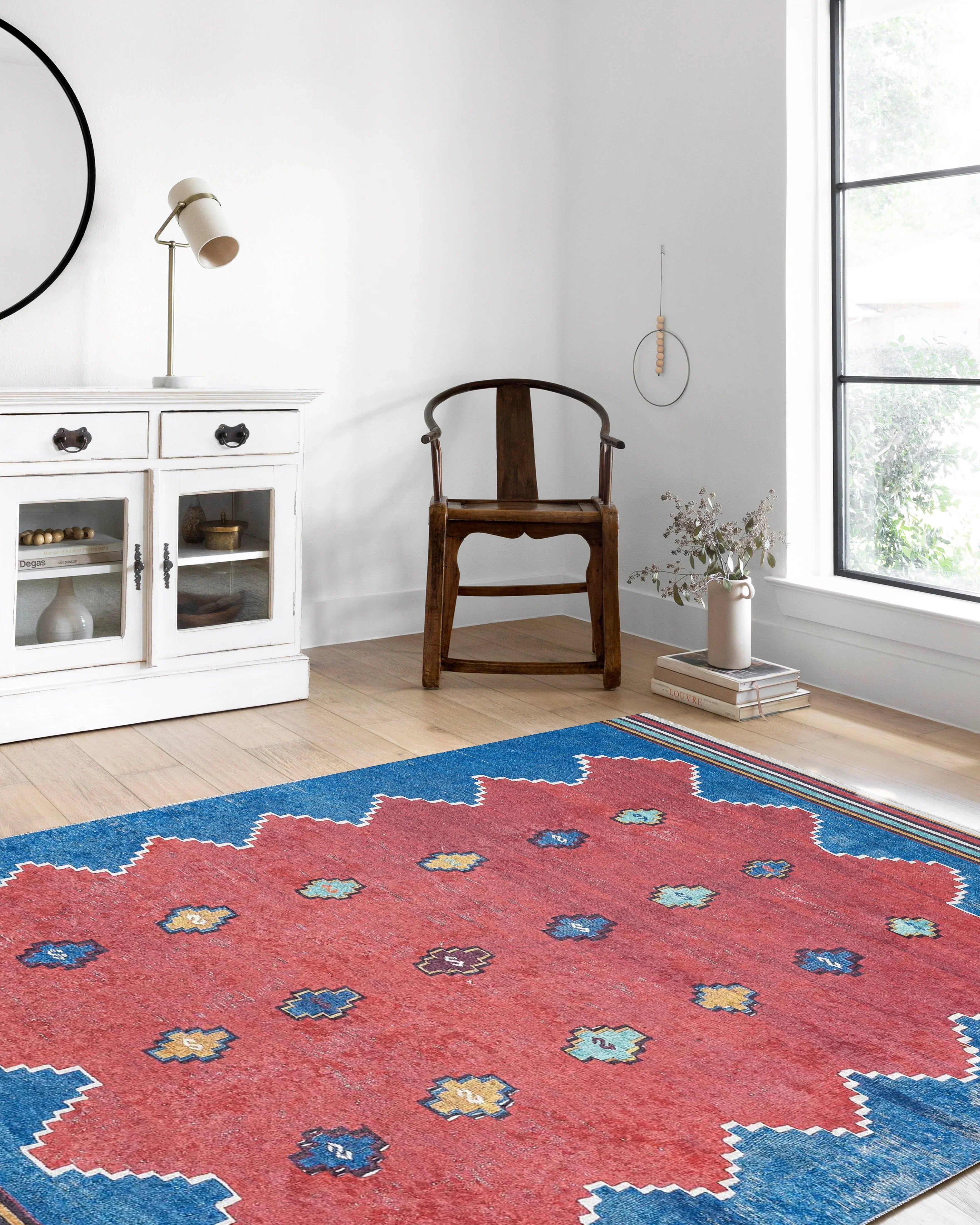 Kırmızı Mavi Geometrik Desenli Düz Dokuma Kilim Halı