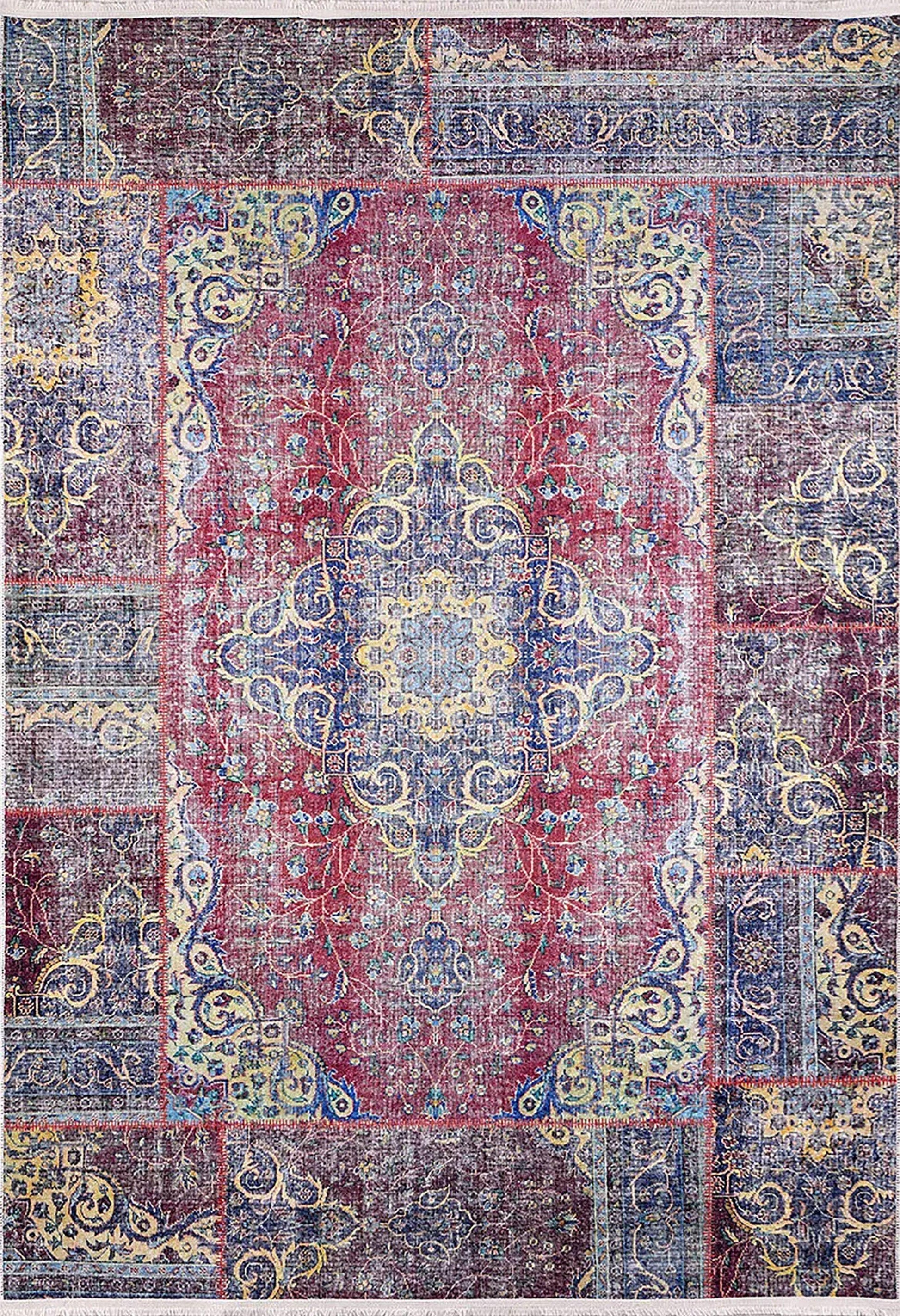 Kırmızı Mavi Patchwork Görünümlü Vintage Eskitme Otantik Salon Halısı