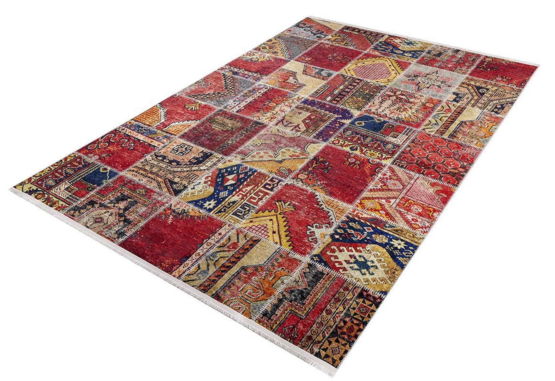 Kırmızı Patchwork Görünümlü Desenli Halı
