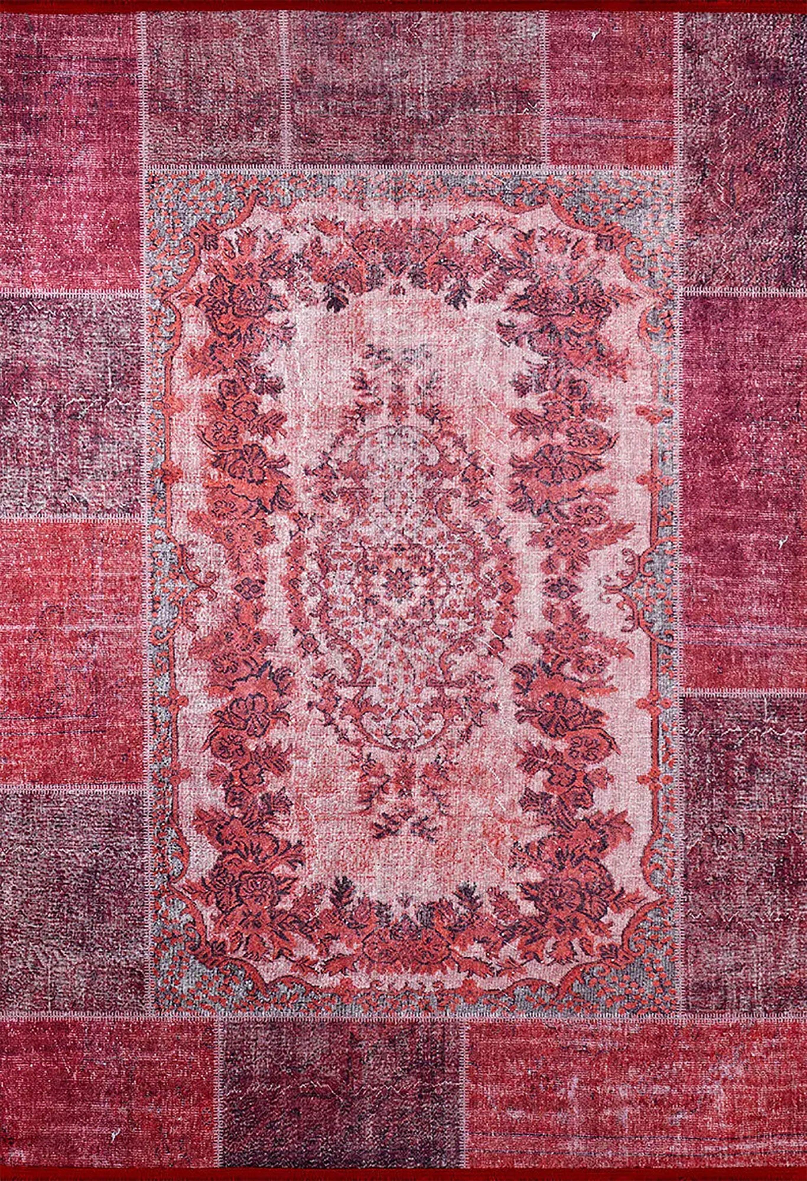 Kırmızı Patchwork Görünümlü Eskitme Çiçek Desenli Otantik Halı
