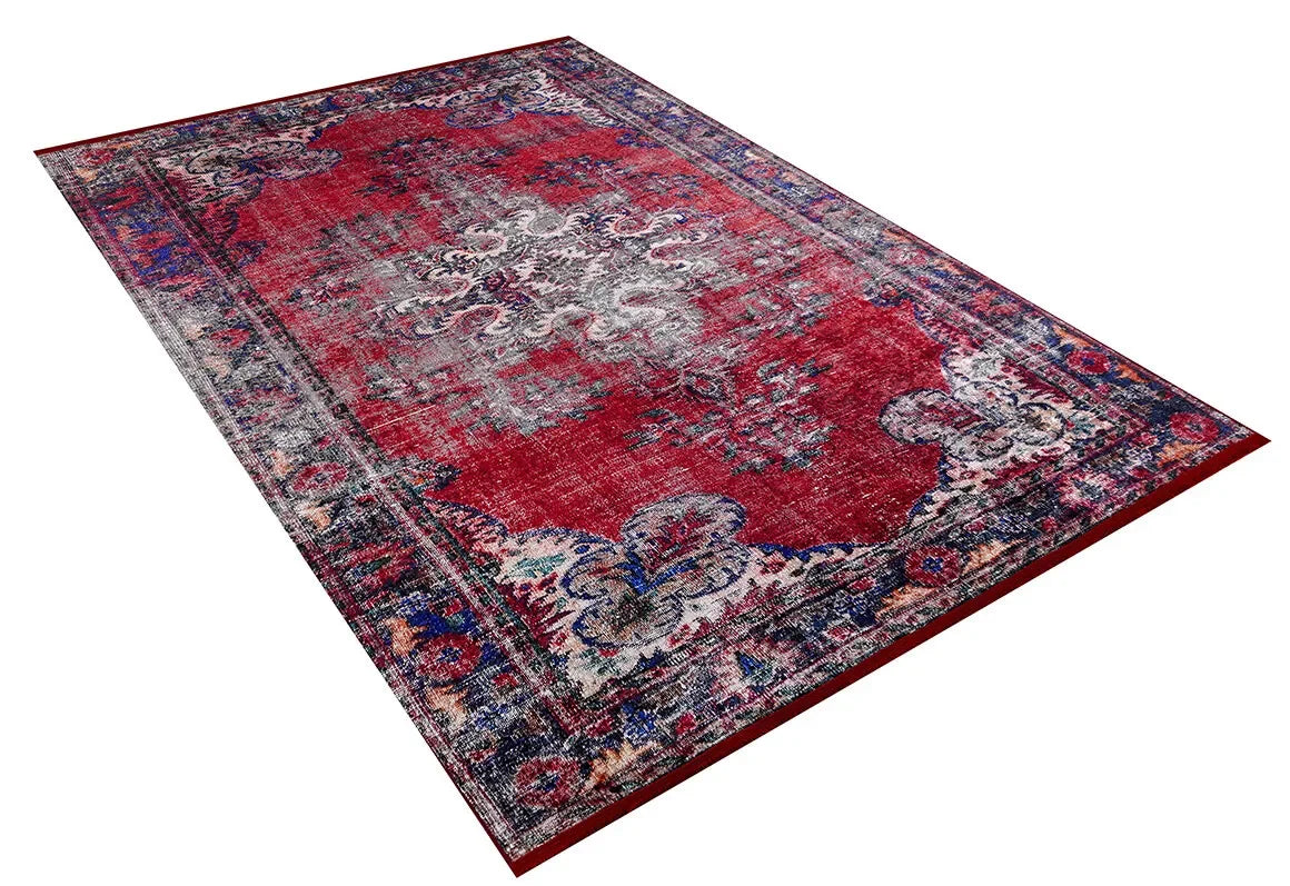 Kırmızı Siyah Vintage Medallion Desenli Halı