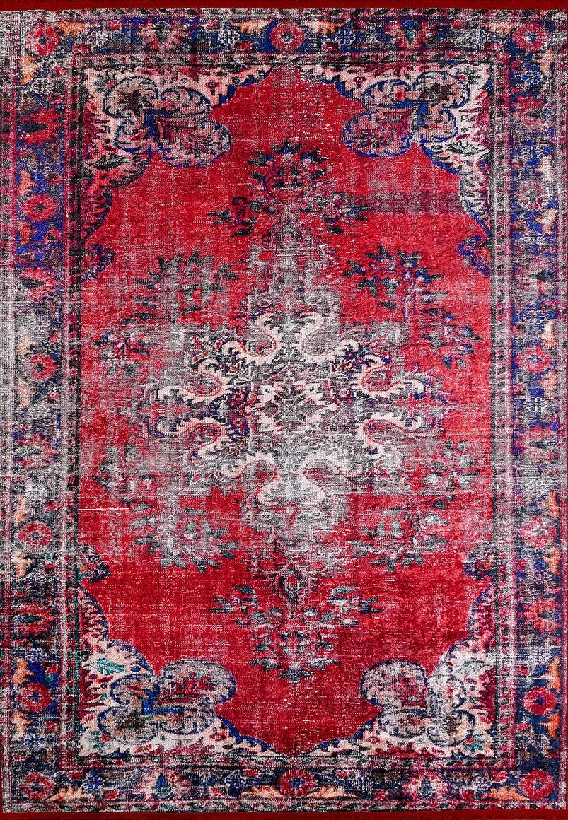 Kırmızı Siyah Vintage Medallion Desenli Halı