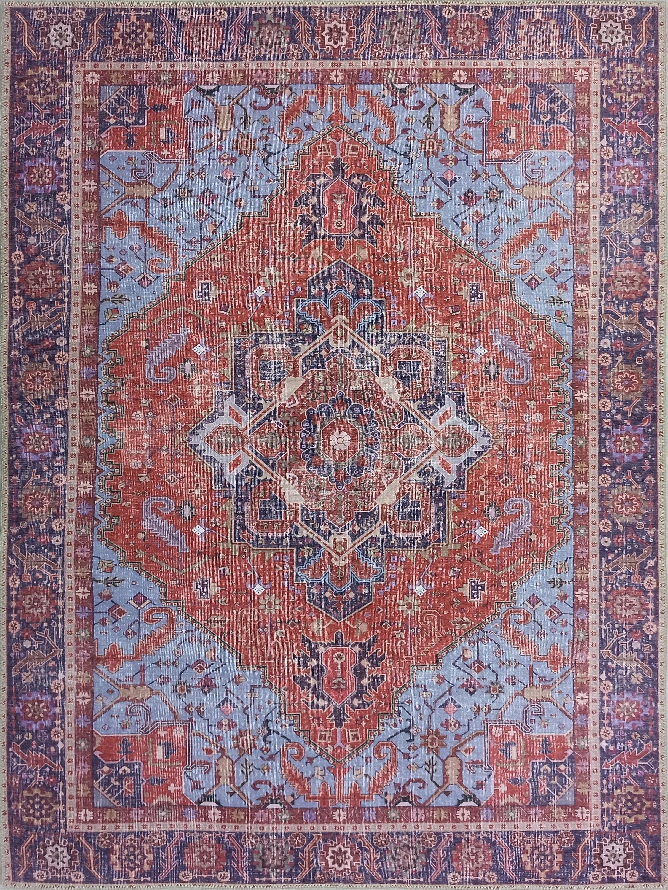 Kırmızı ve Mavi Madalyon Desenli Vintage Halı