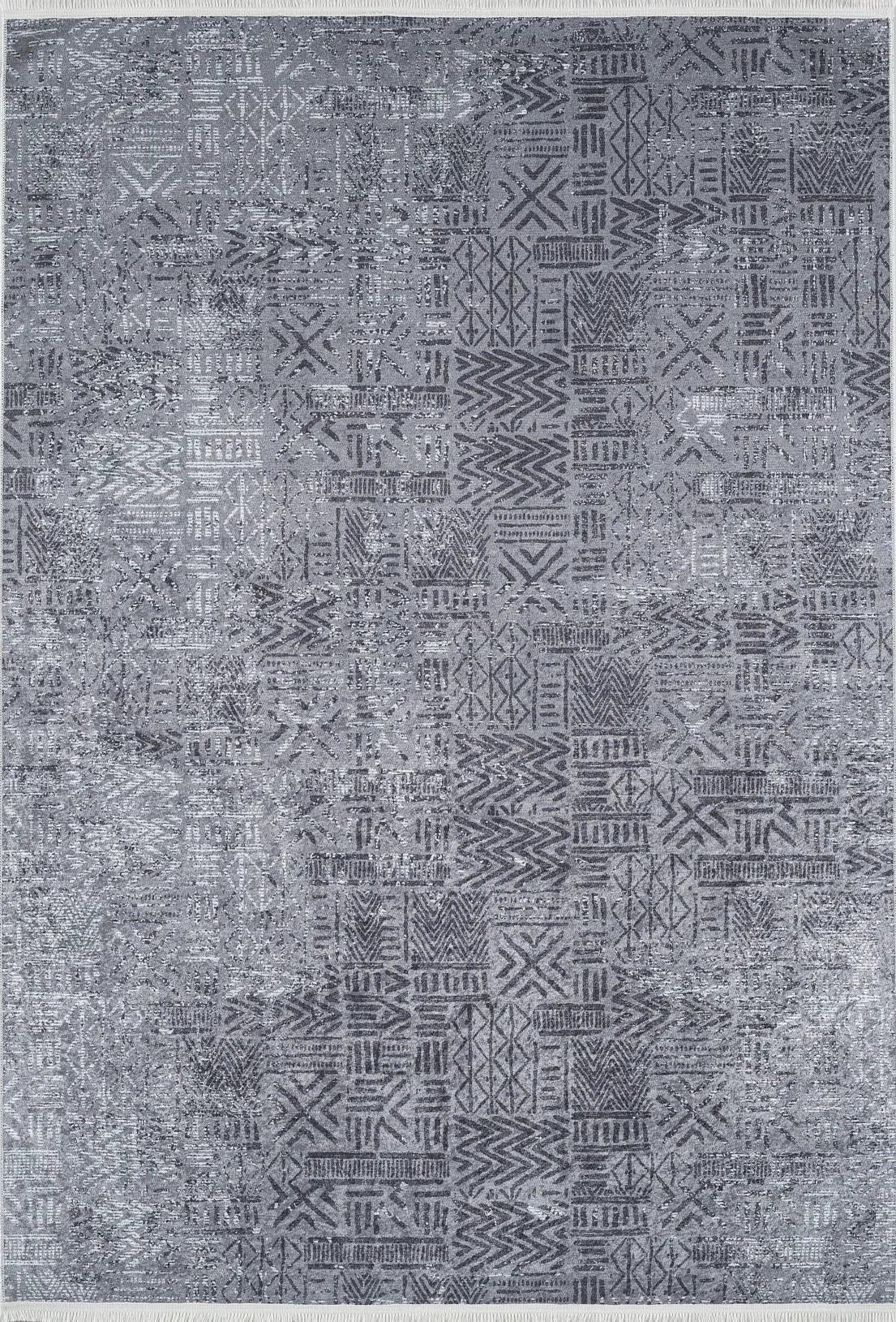 Koyu Gri Etnik Geometrik Desenli Modern Halı