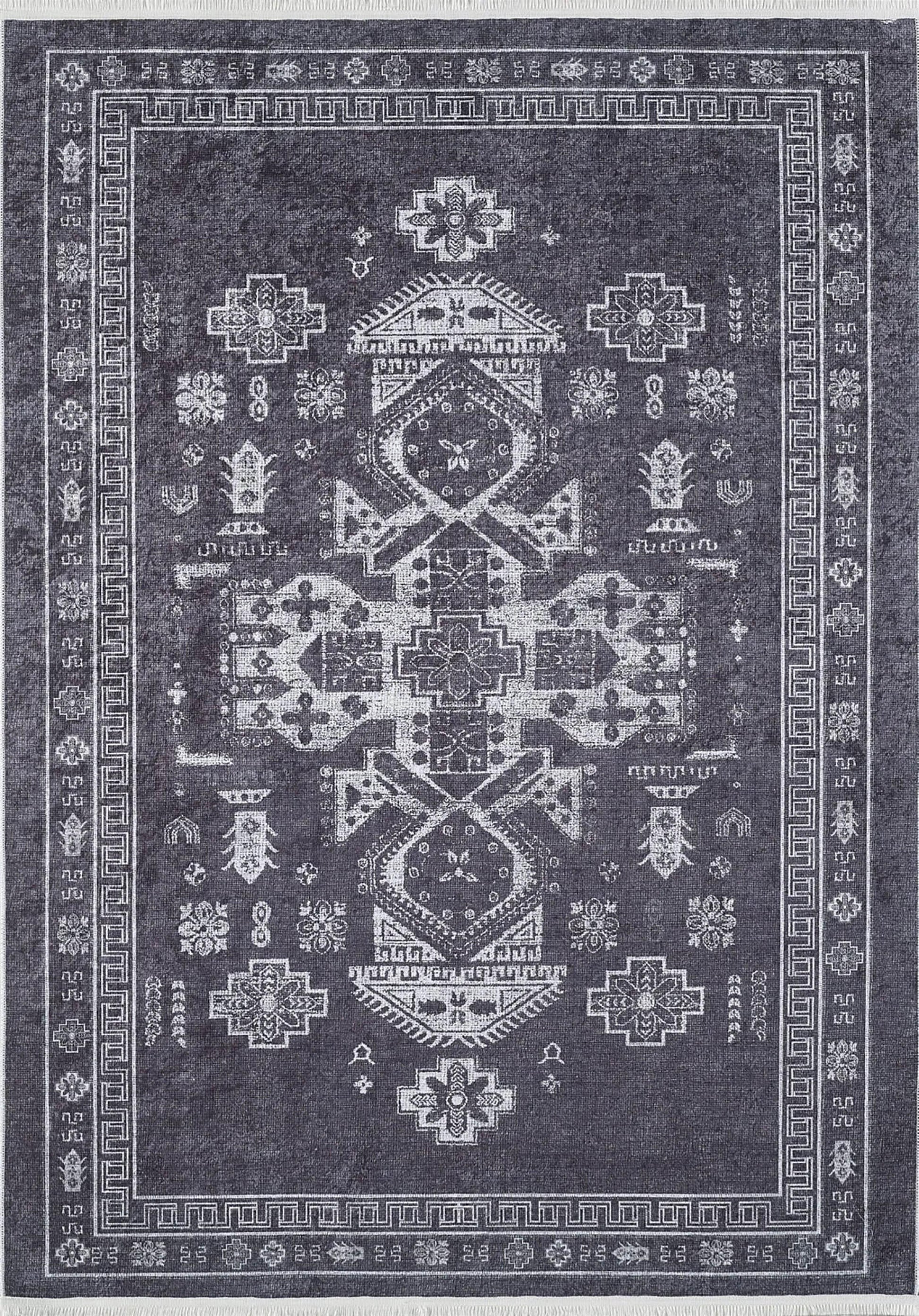 Koyu Gri Oryantal Madalyon Halı
