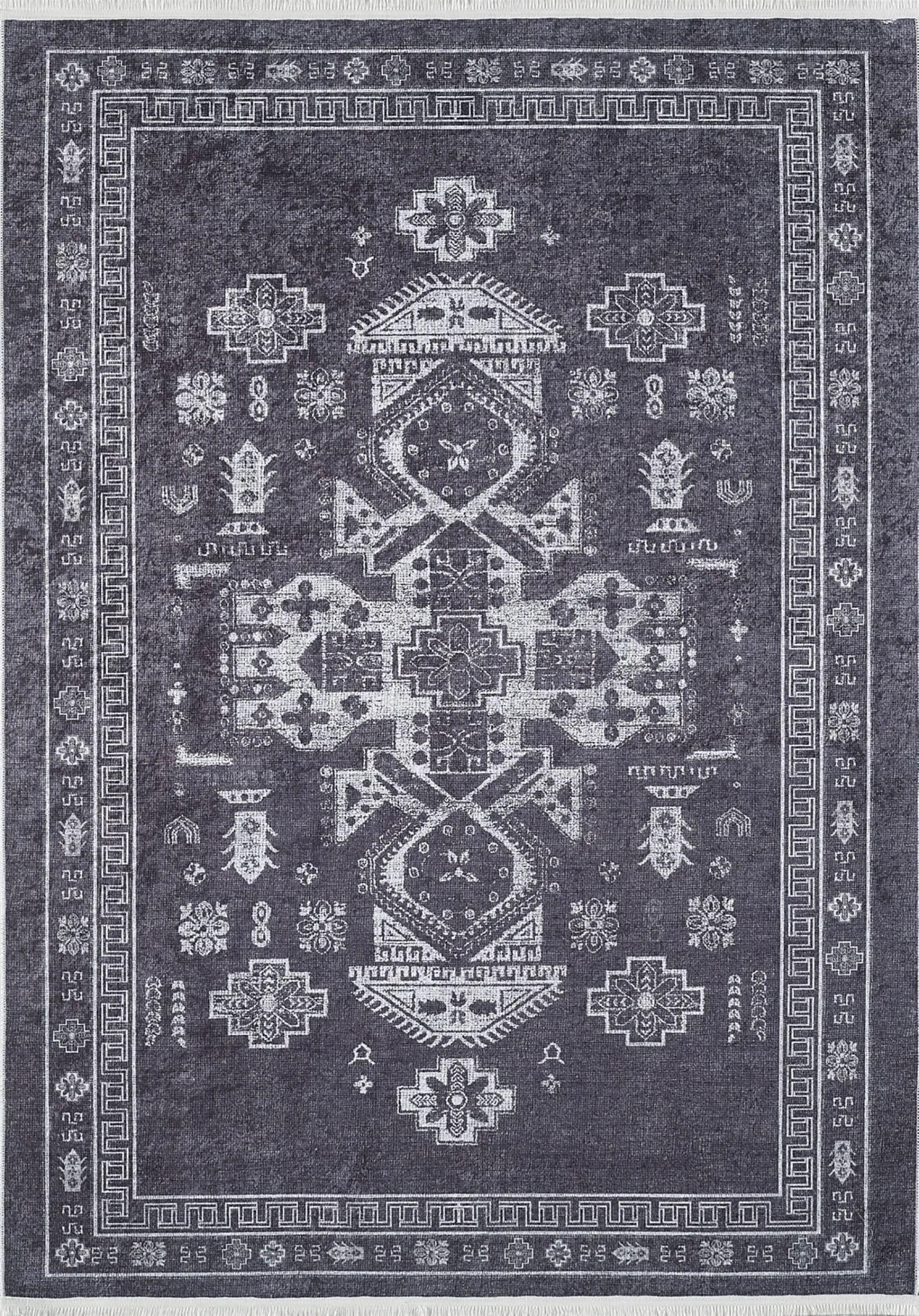 Koyu Gri Oryantal Madalyon Halı