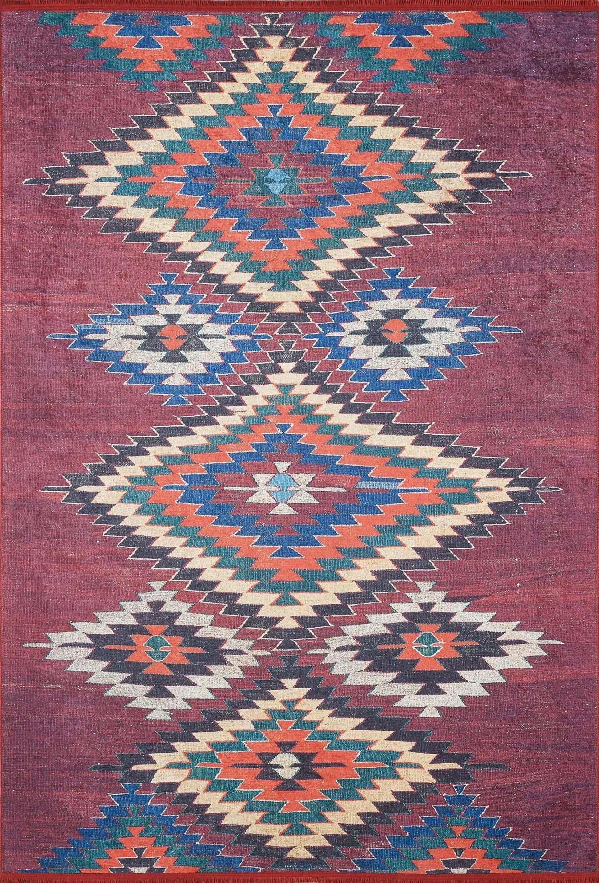 Koyu Kırmızı Geometrik Desenli Anadolu Kilim Halı