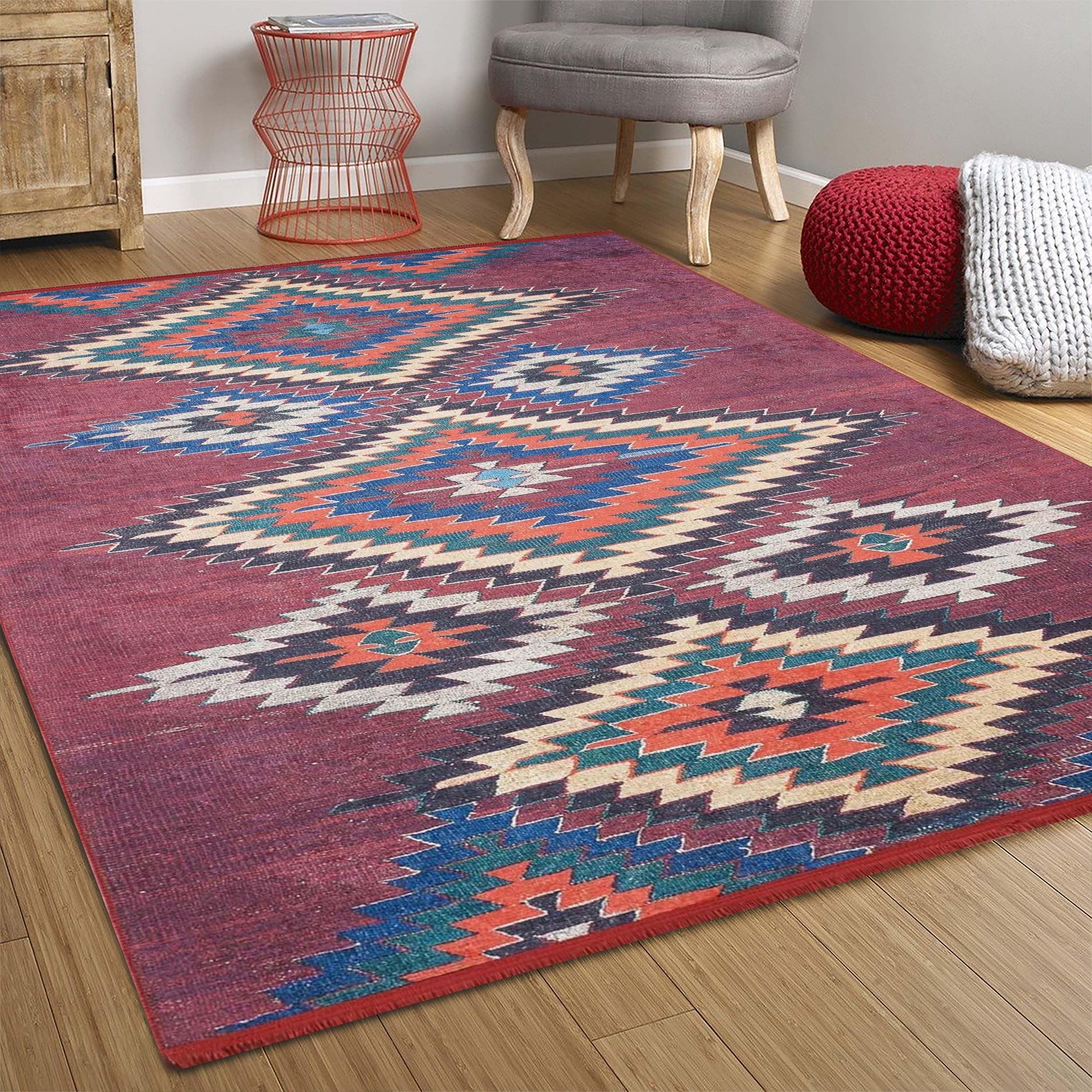 Koyu Kırmızı Geometrik Desenli Anadolu Kilim Halı