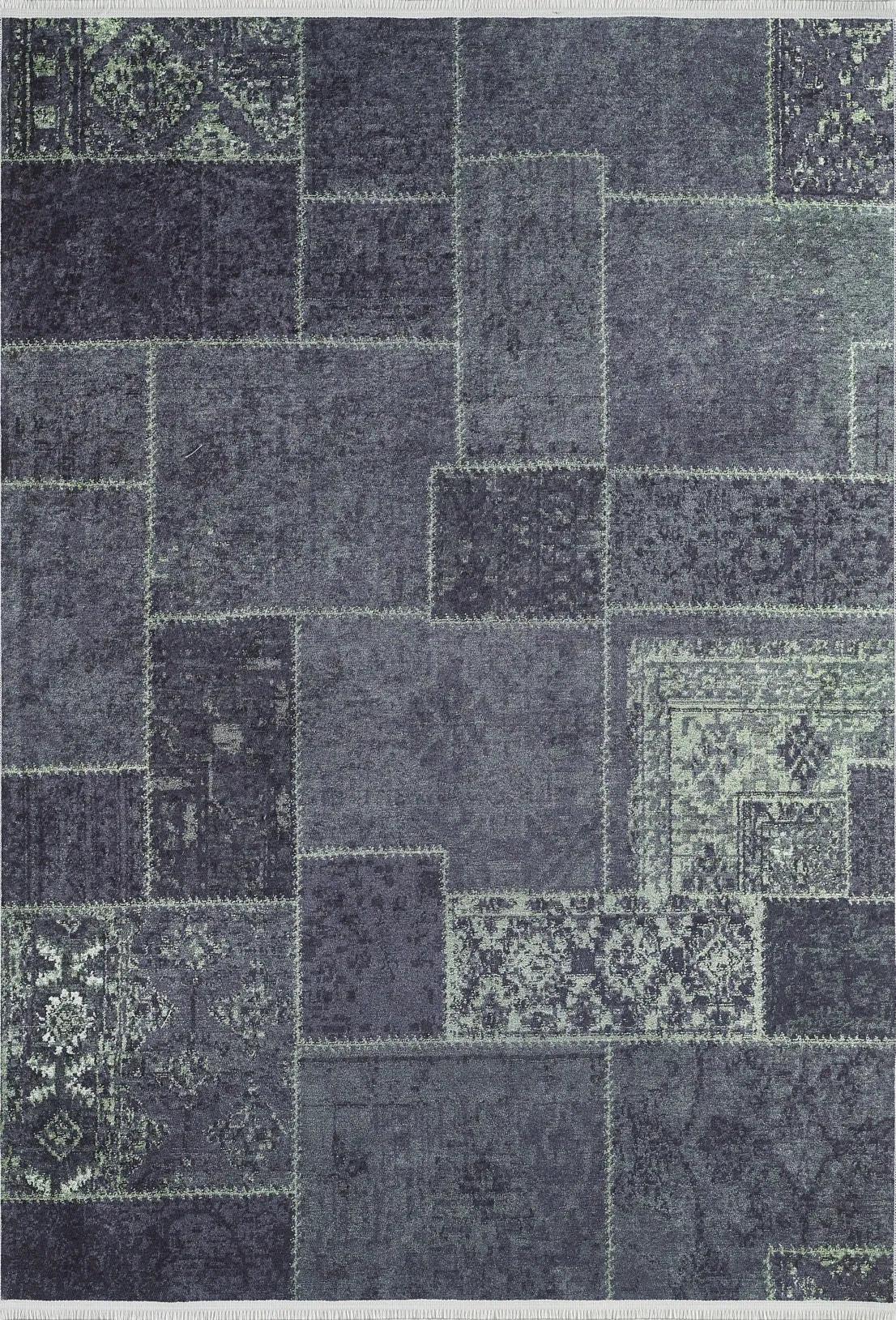 Koyu Yeşil Haki Patchwork Görünümlü Halı