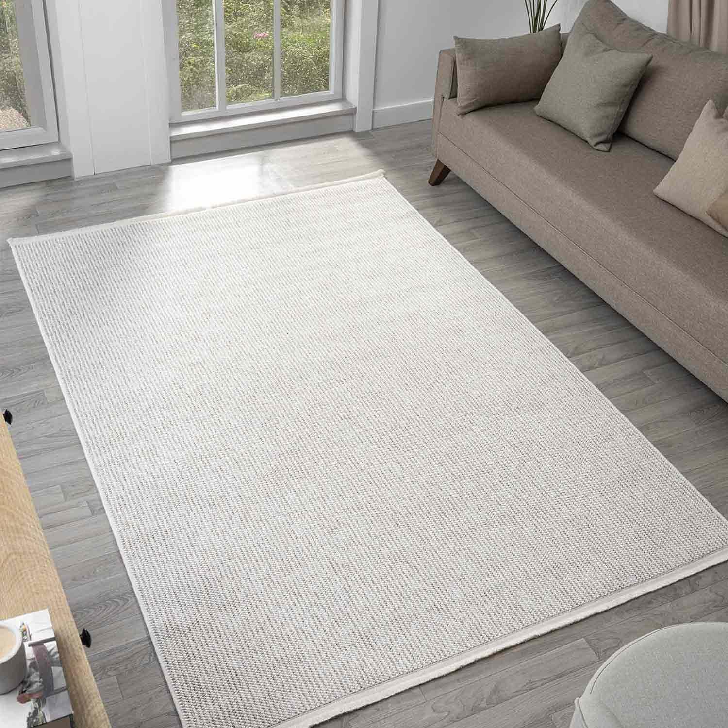 Krem Bej Bukle Dokulu Düz Renk Modern Halı