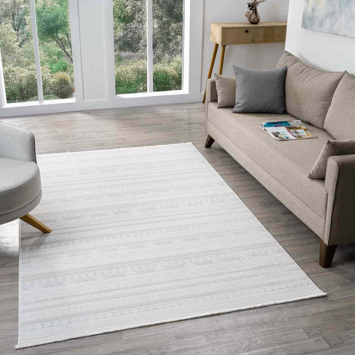 Krem Bej Etnik Şerit Desenli Modern Halı