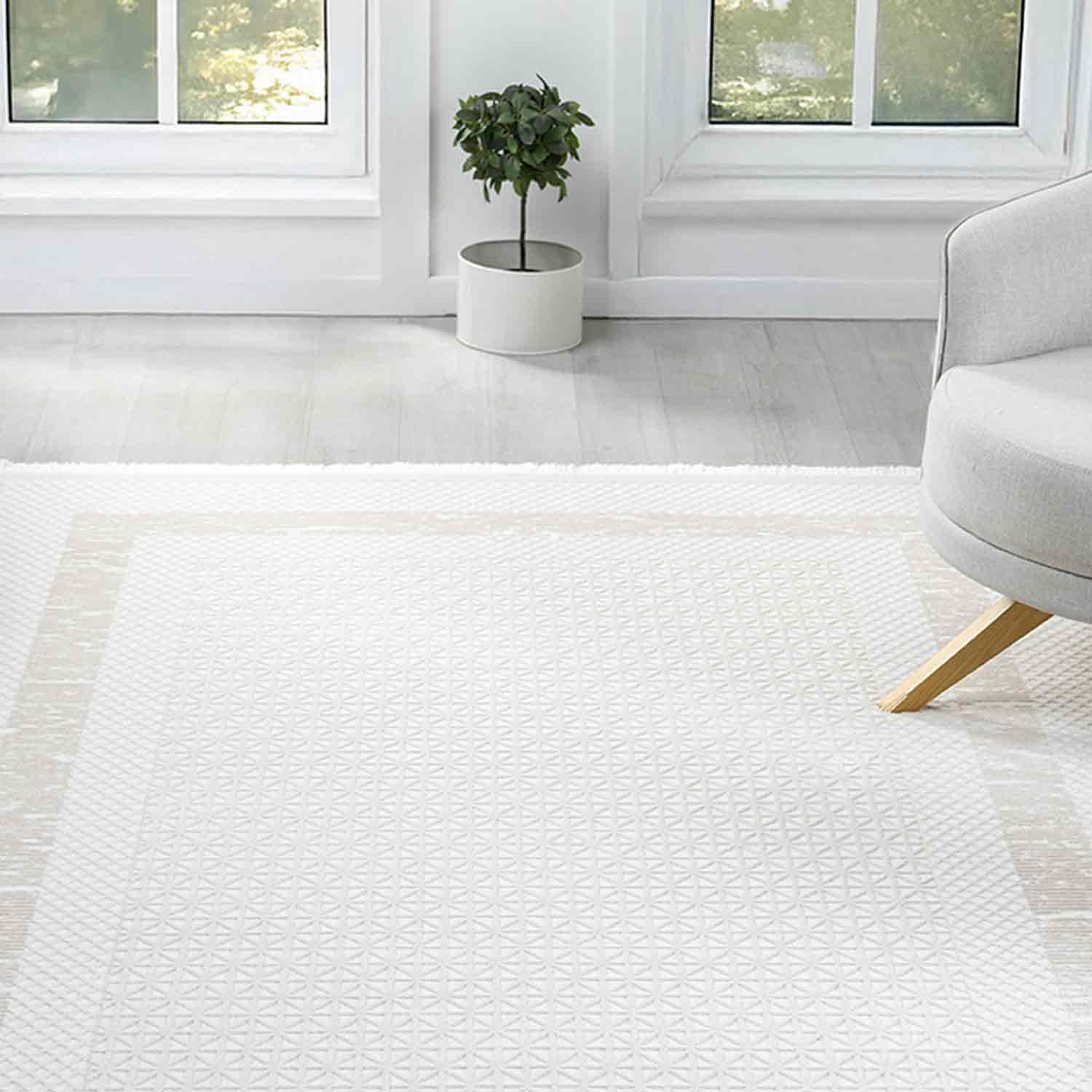 Krem Bej Geometrik Desenli Modern Halı