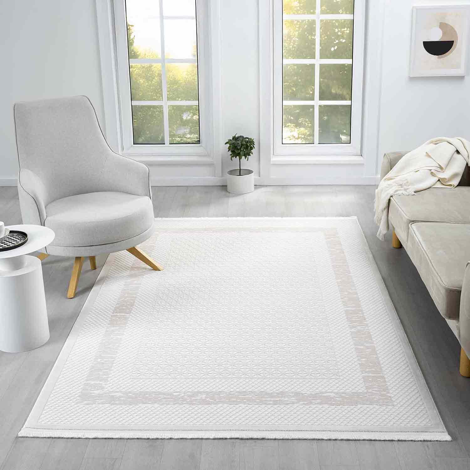 Krem Bej Geometrik Desenli Modern Halı