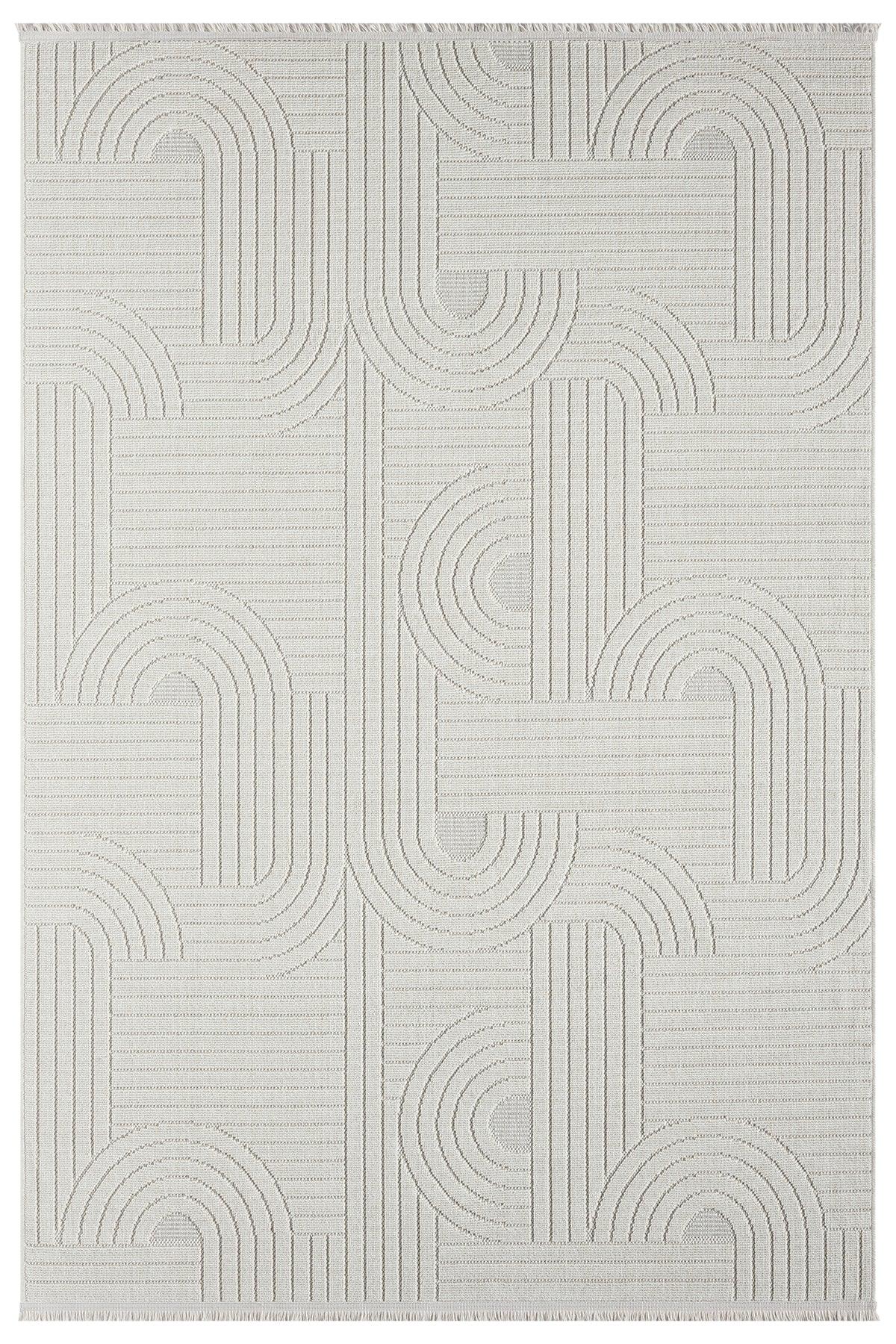 Krem Beyaz Geometrik Desenli Modern Halı