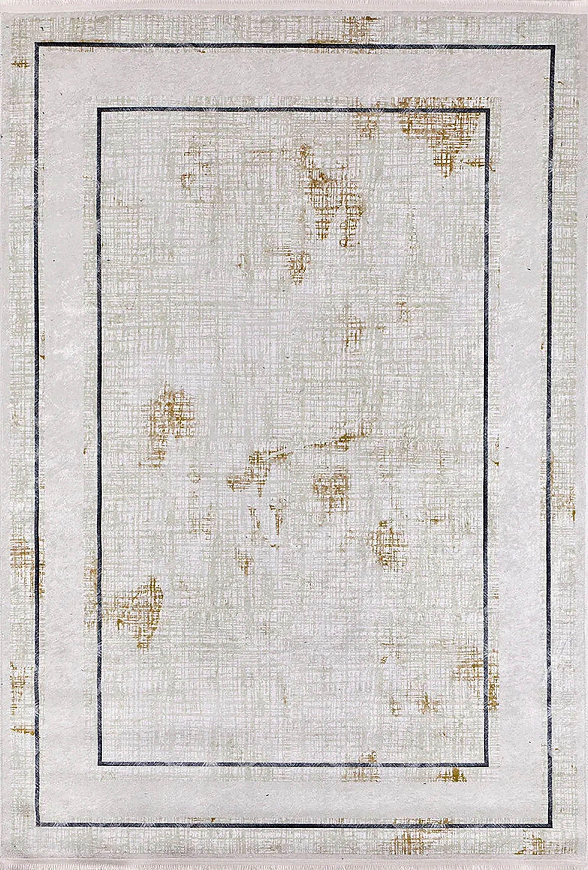Krem Bordürlü Eskitme Desenli Modern Yıkanabilir Halı