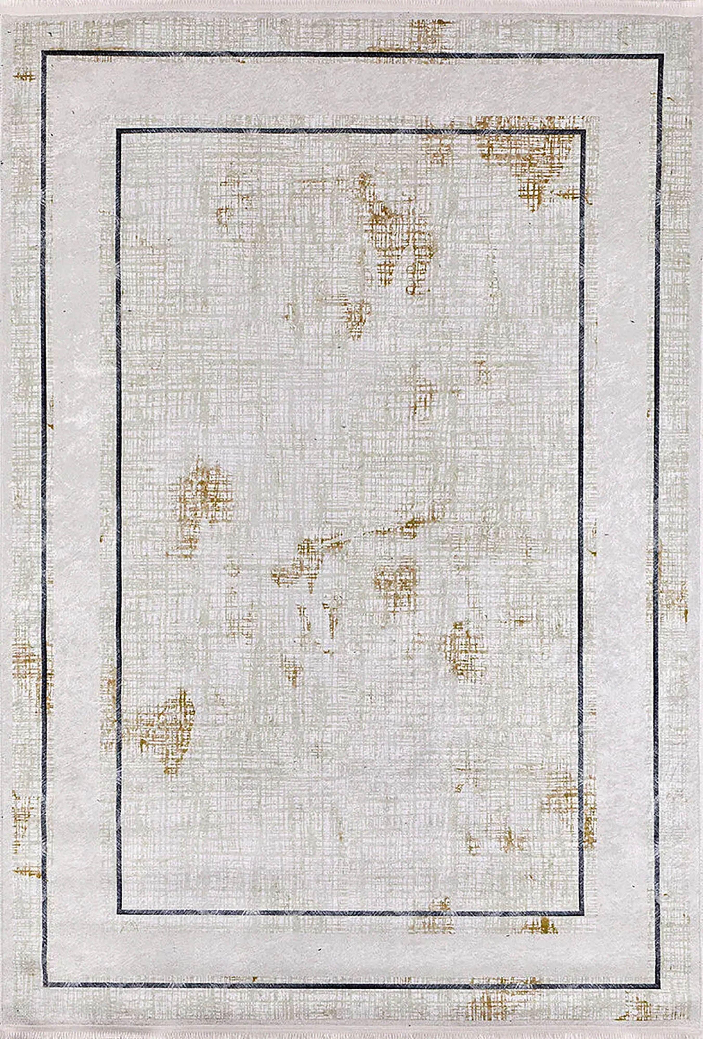 Krem Bordürlü Eskitme Desenli Modern Yıkanabilir Halı