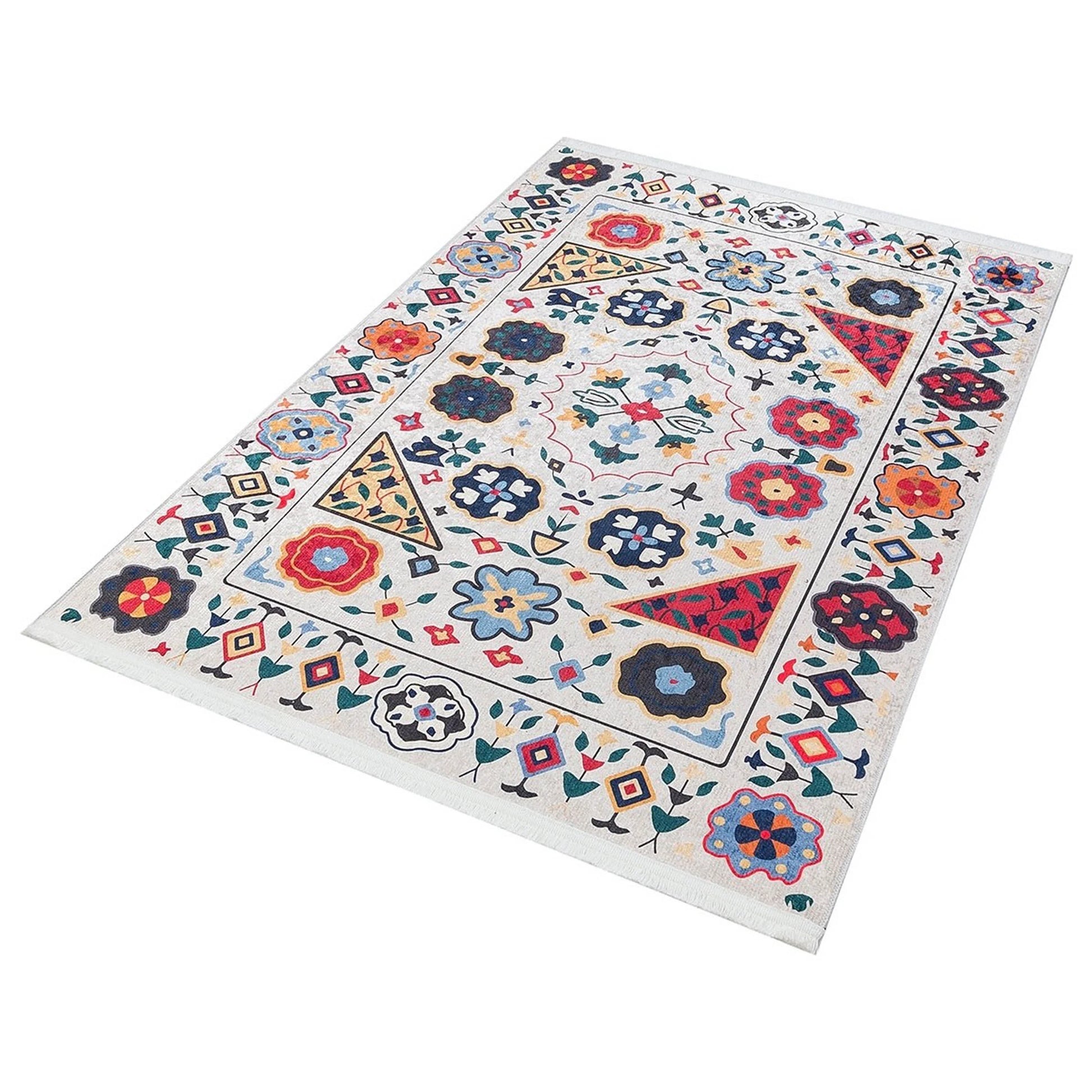 Krem Çok Renkli Çiçek Desenli Etnik Kilim Halı