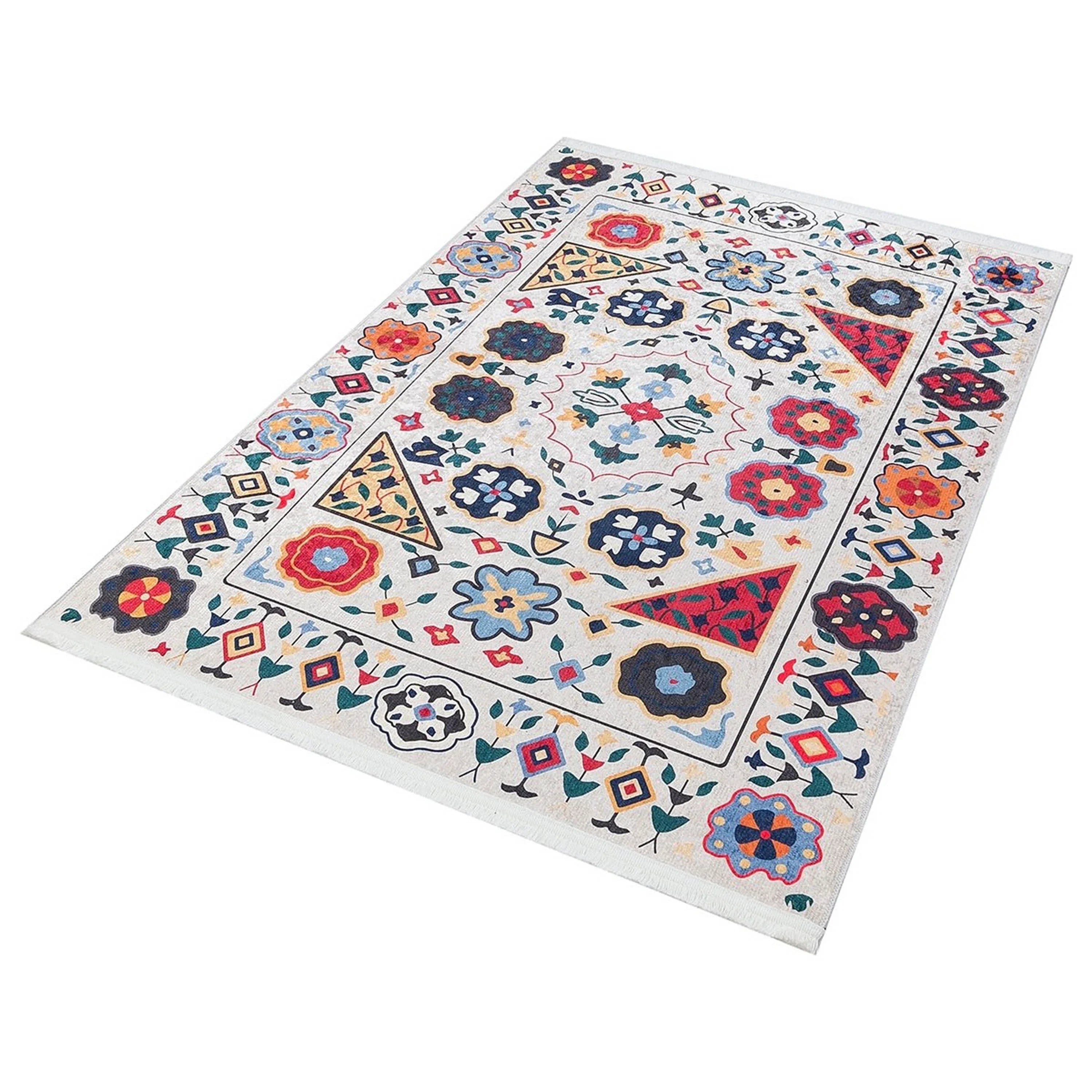 Krem Çok Renkli Çiçek Desenli Etnik Kilim Halı