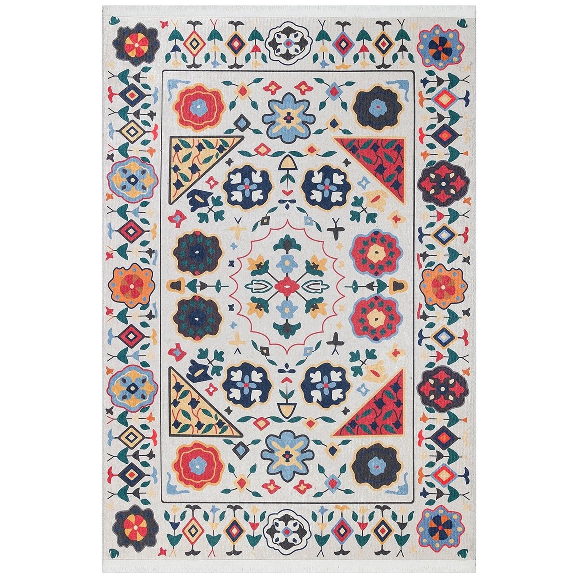 Krem Çok Renkli Çiçek Desenli Etnik Kilim Halı