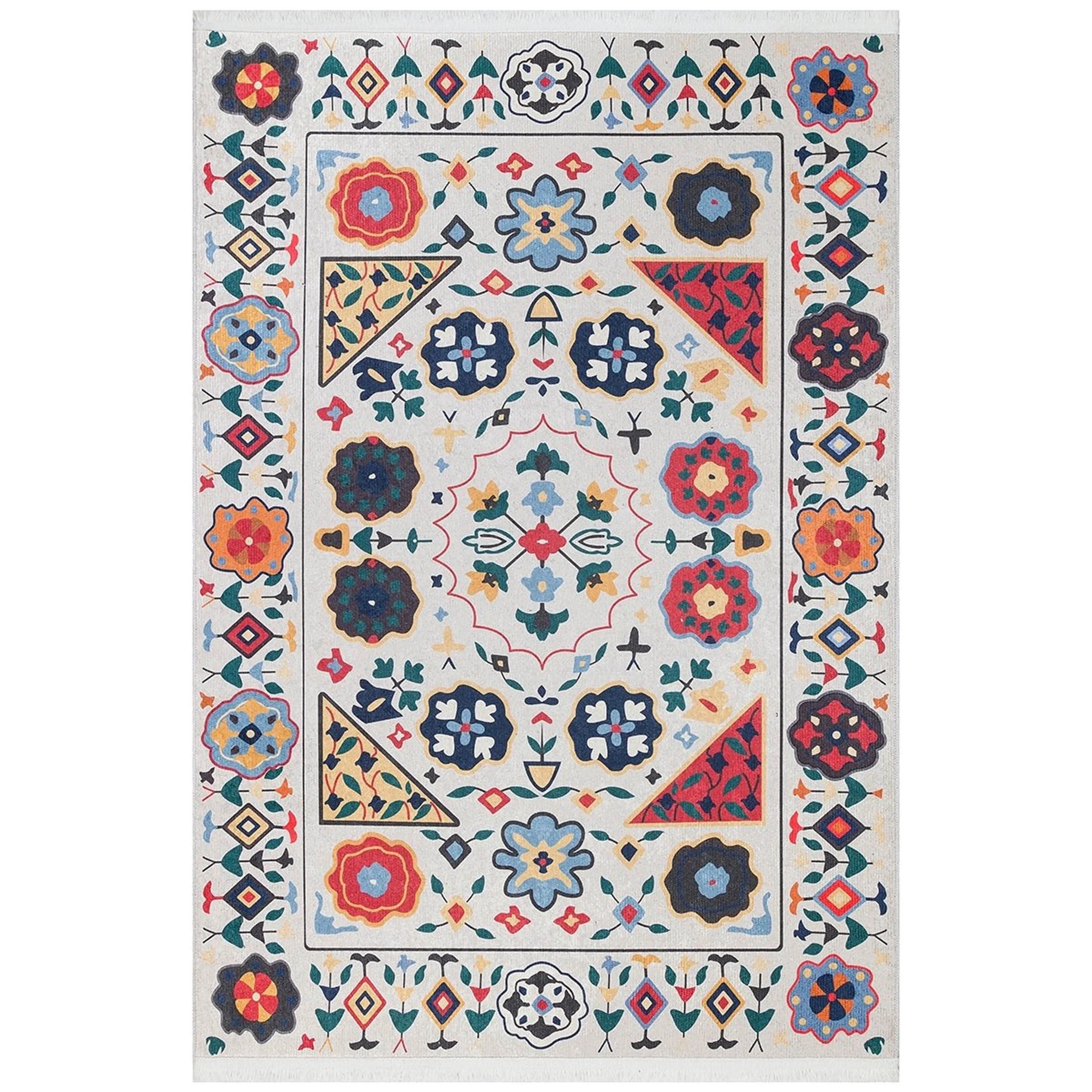 Krem Çok Renkli Çiçek Desenli Etnik Kilim Halı