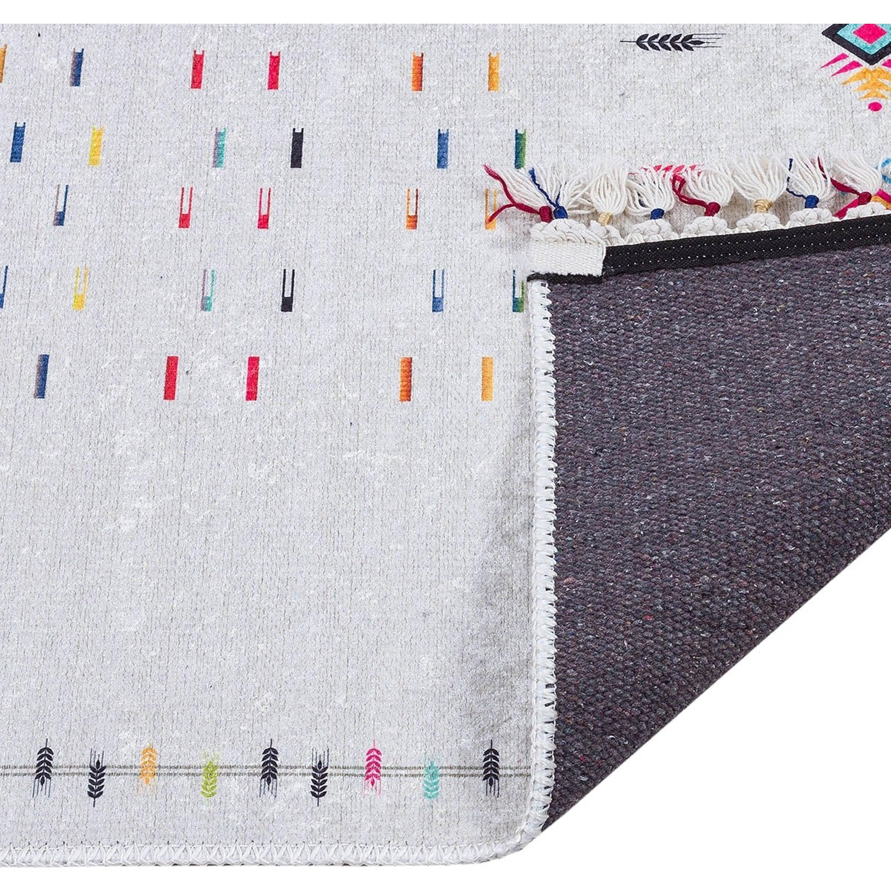 Krem Çok Renkli Etnik Desenli Modern Saçaklı Kilim Halı
