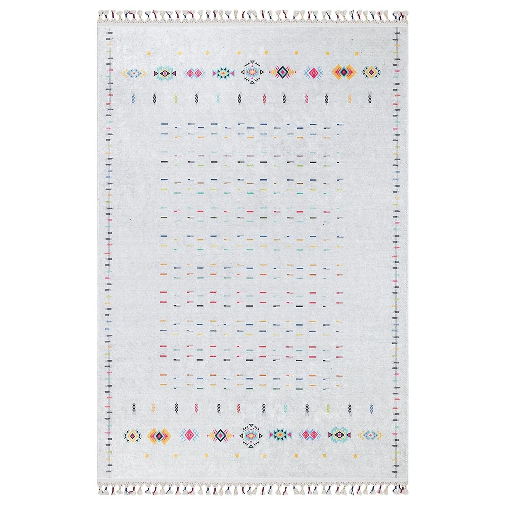 Krem Çok Renkli Etnik Desenli Modern Saçaklı Kilim Halı