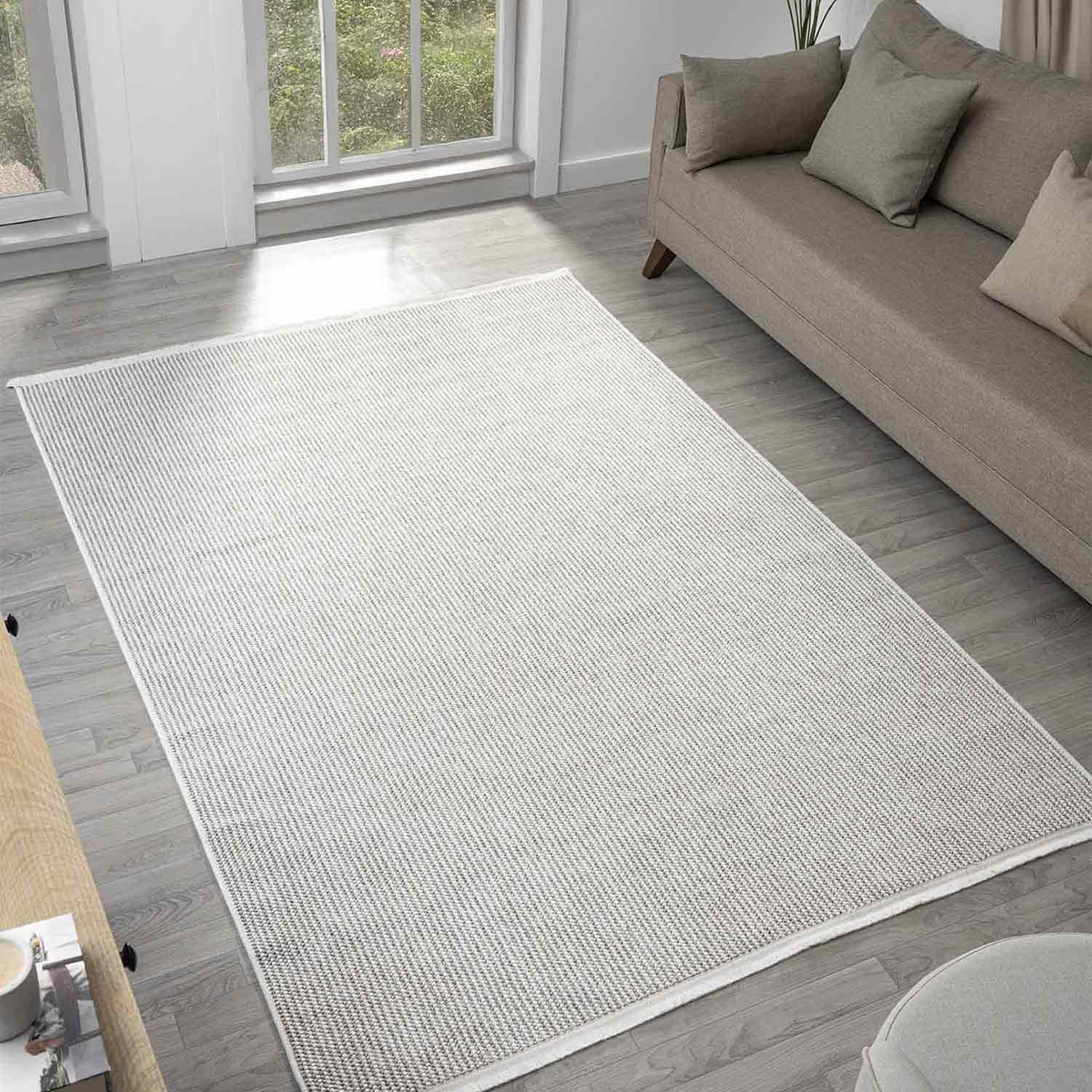 Krem Gri Bukle Dokulu Düz Renk Modern Halı