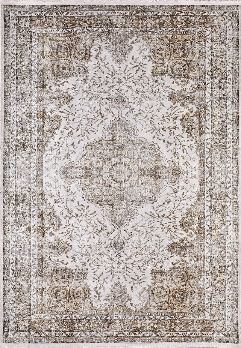 Krem Kahve Klasik Medallion Desenli Halı
