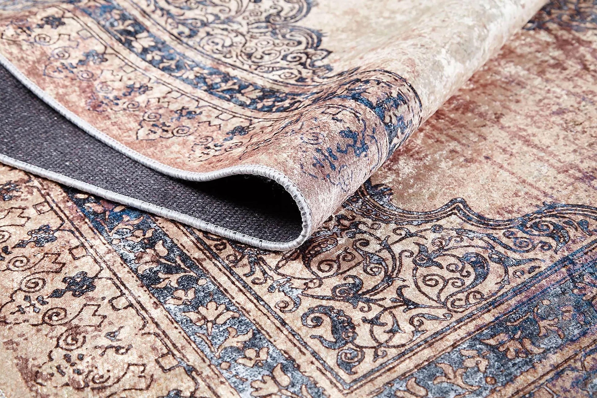Krem, Mavi ve Bej Vintage Klasik Eskitme Efektli Yıkanabilir Halı