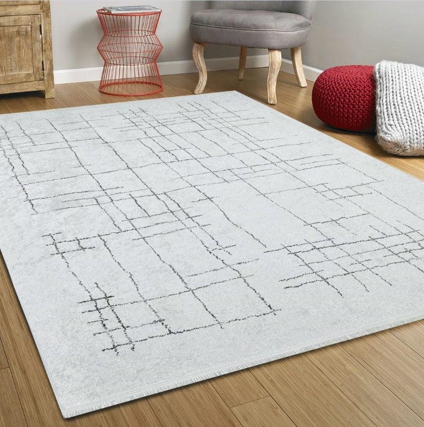 Krem Siyah Geometrik Halı