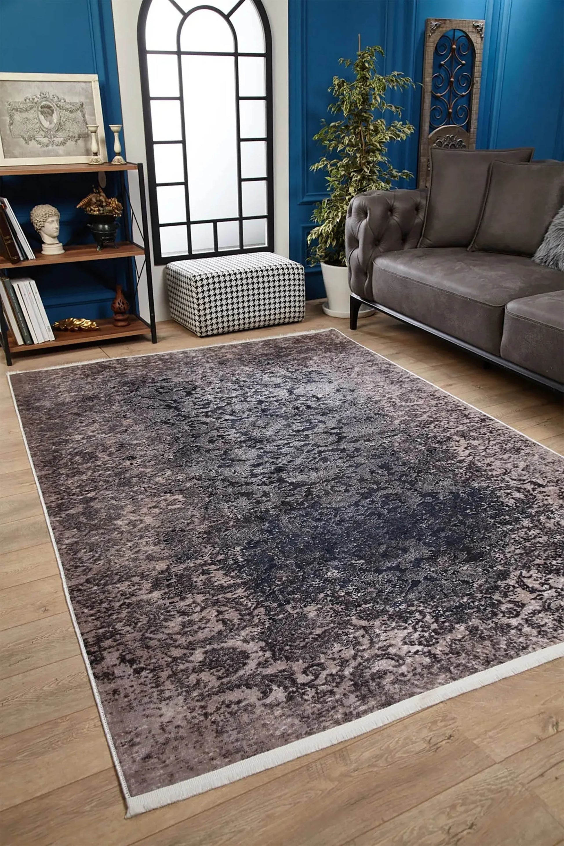 Lacivert Açık Pembe Çiçekli Vintage Geometrik Modern Halı