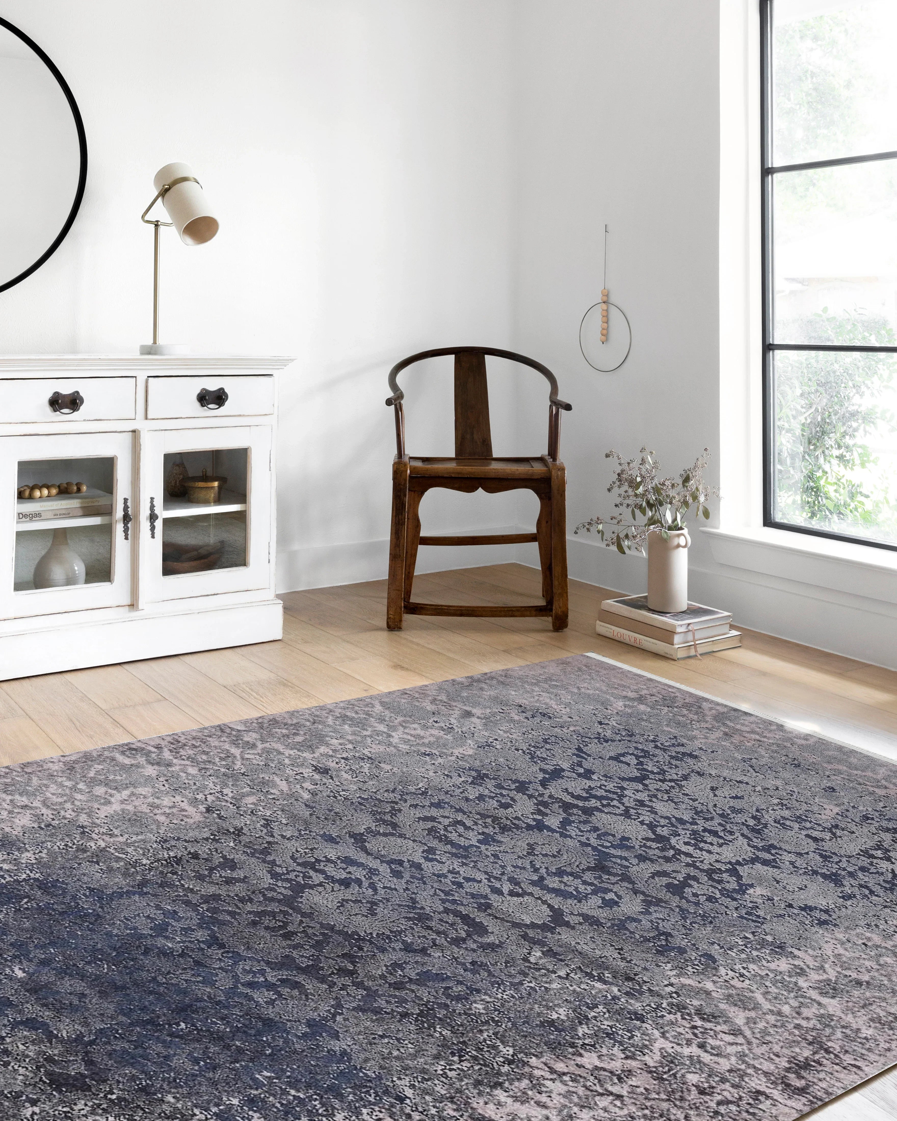 Lacivert Açık Pembe Çiçekli Vintage Geometrik Modern Halı