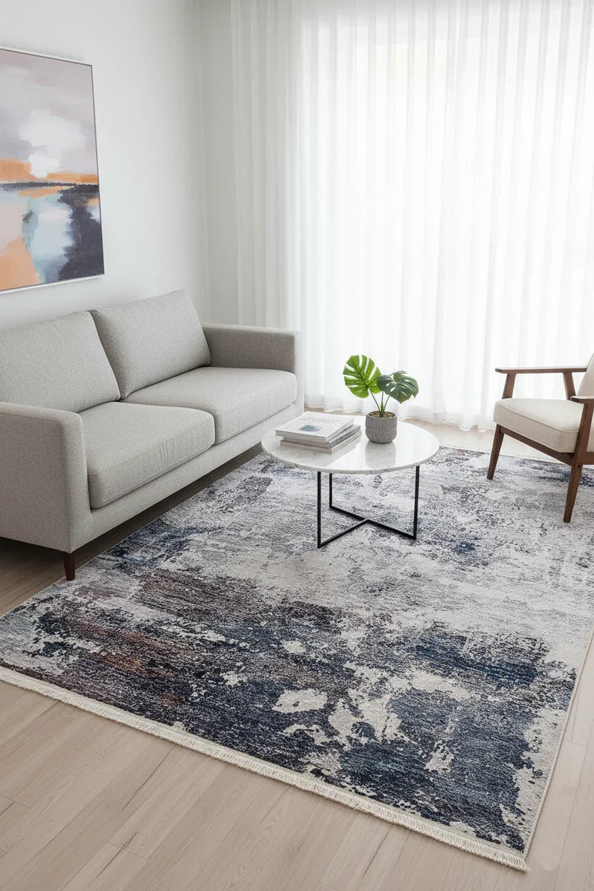 Lacivert, Beyaz ve Kahve Modern Soyut Sanat Halısı