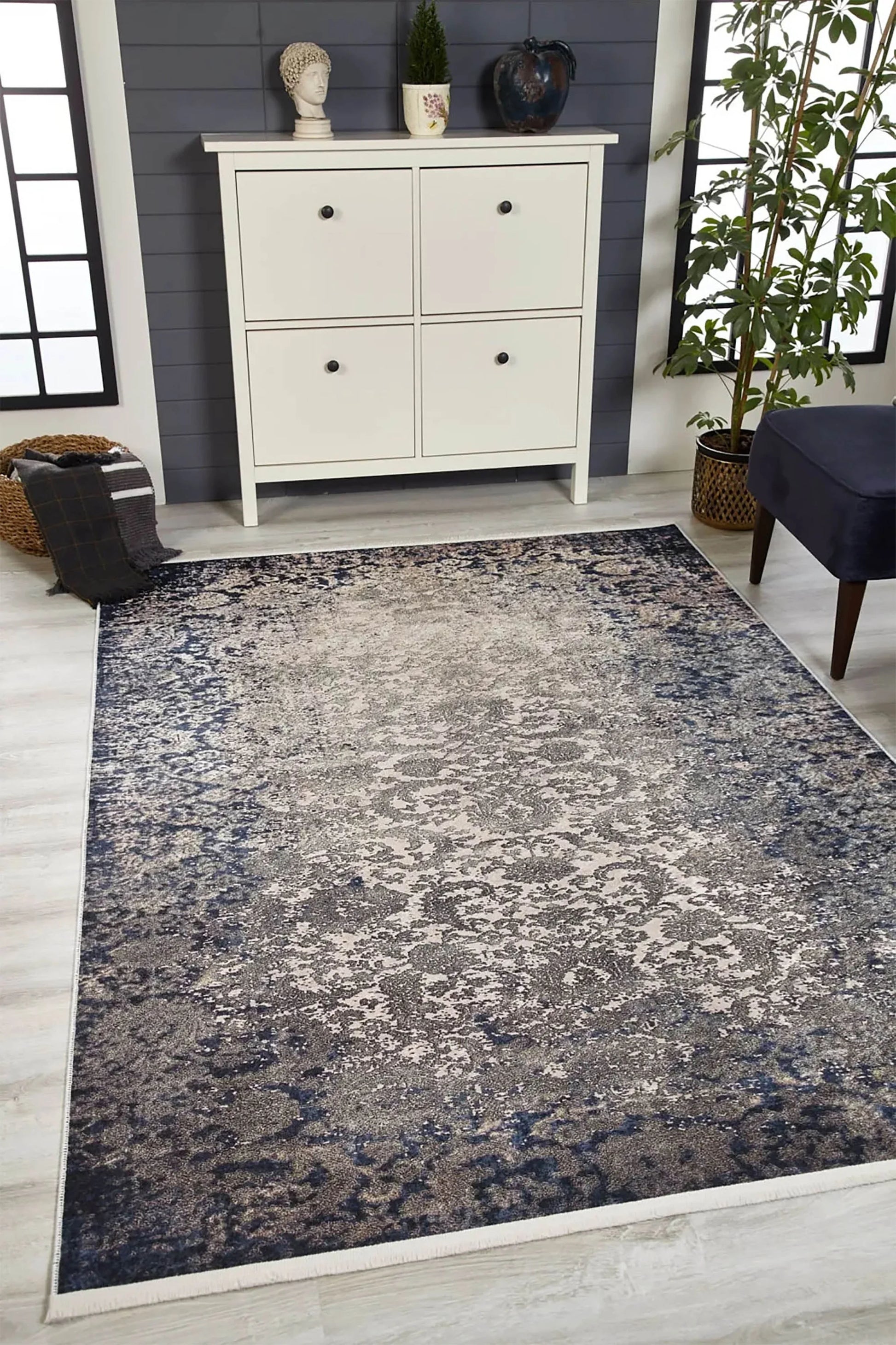 Lacivert Gri Çiçekli Vintage Geometrik Modern Halı