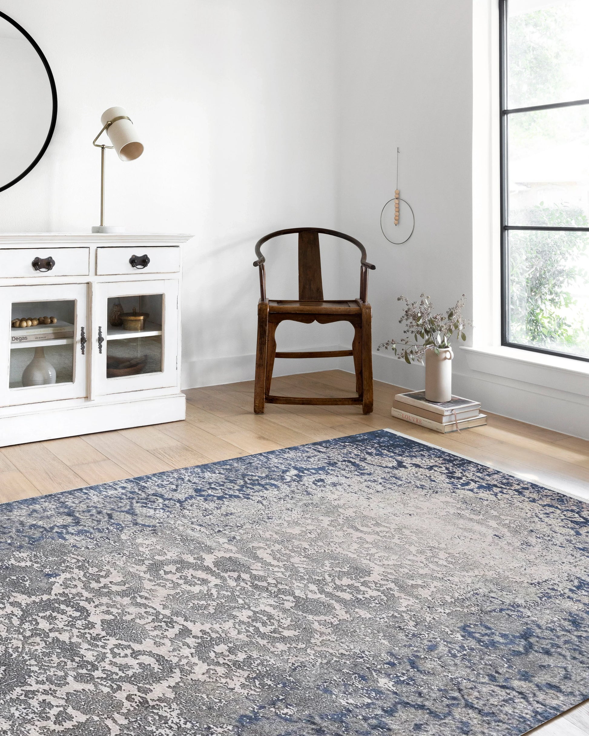 Lacivert Gri Çiçekli Vintage Geometrik Modern Halı