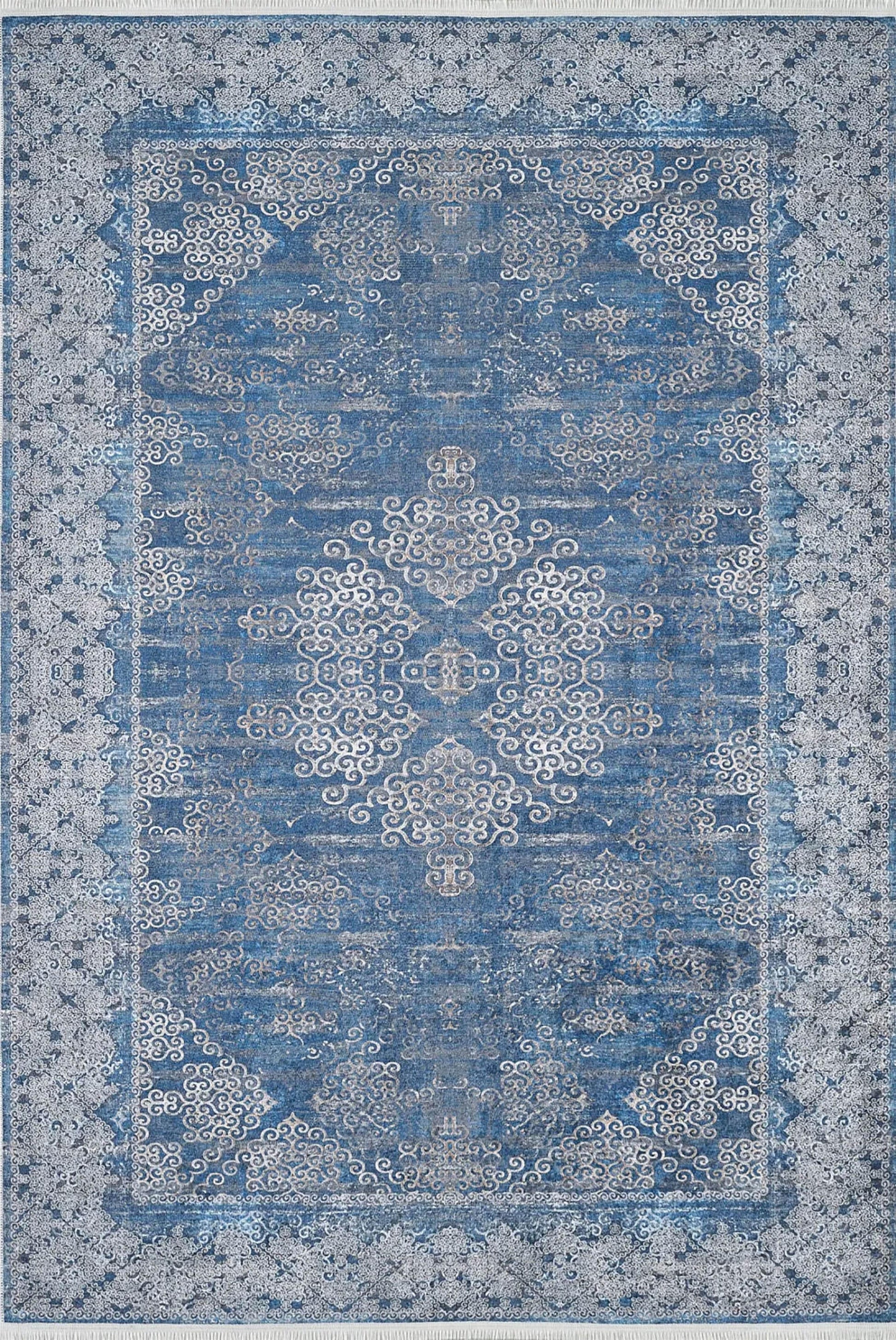 Lacivert Gri Çiçekli Vintage Madalyonlu Geometrik Halı