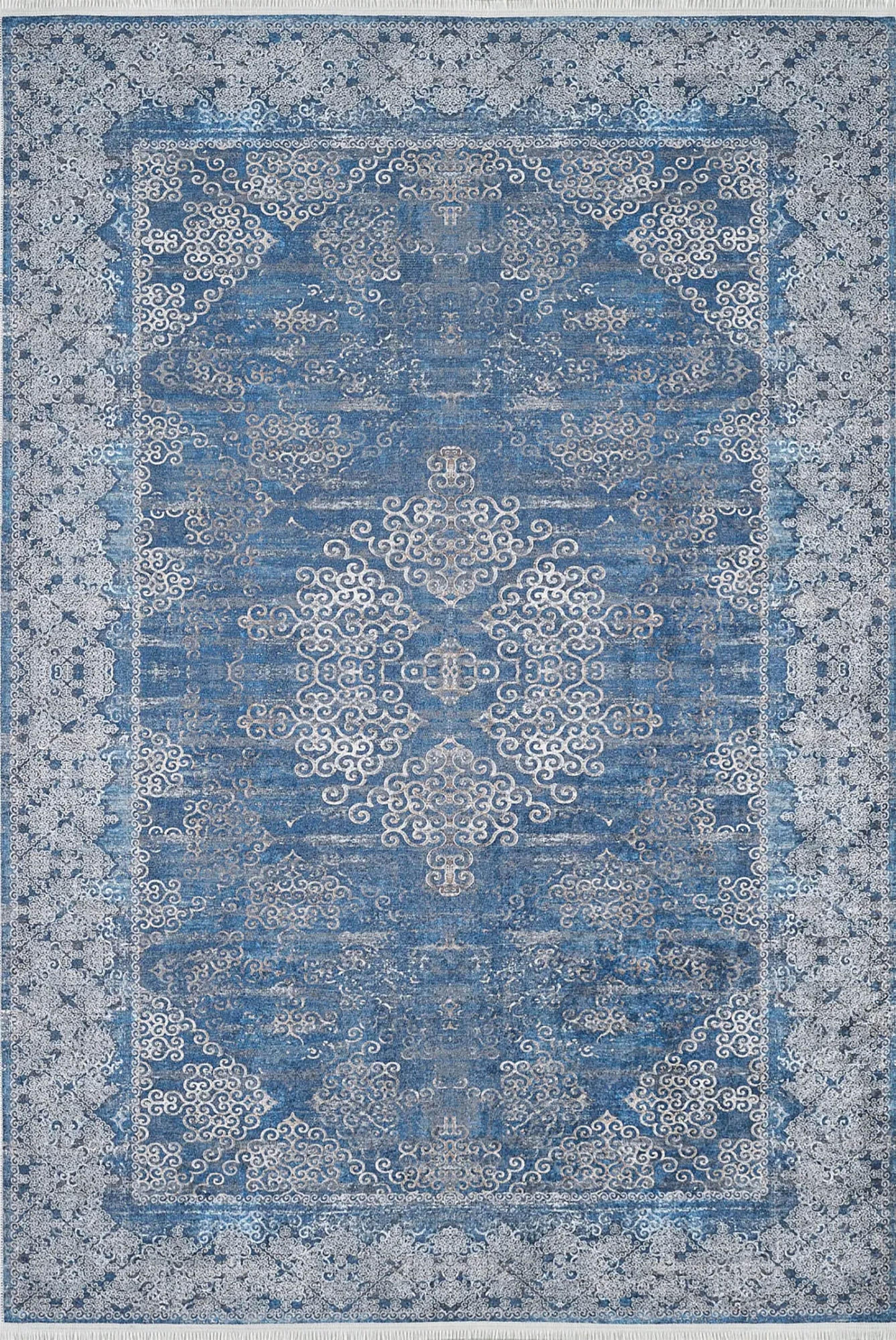 Lacivert Gri Çiçekli Vintage Madalyonlu Geometrik Halı