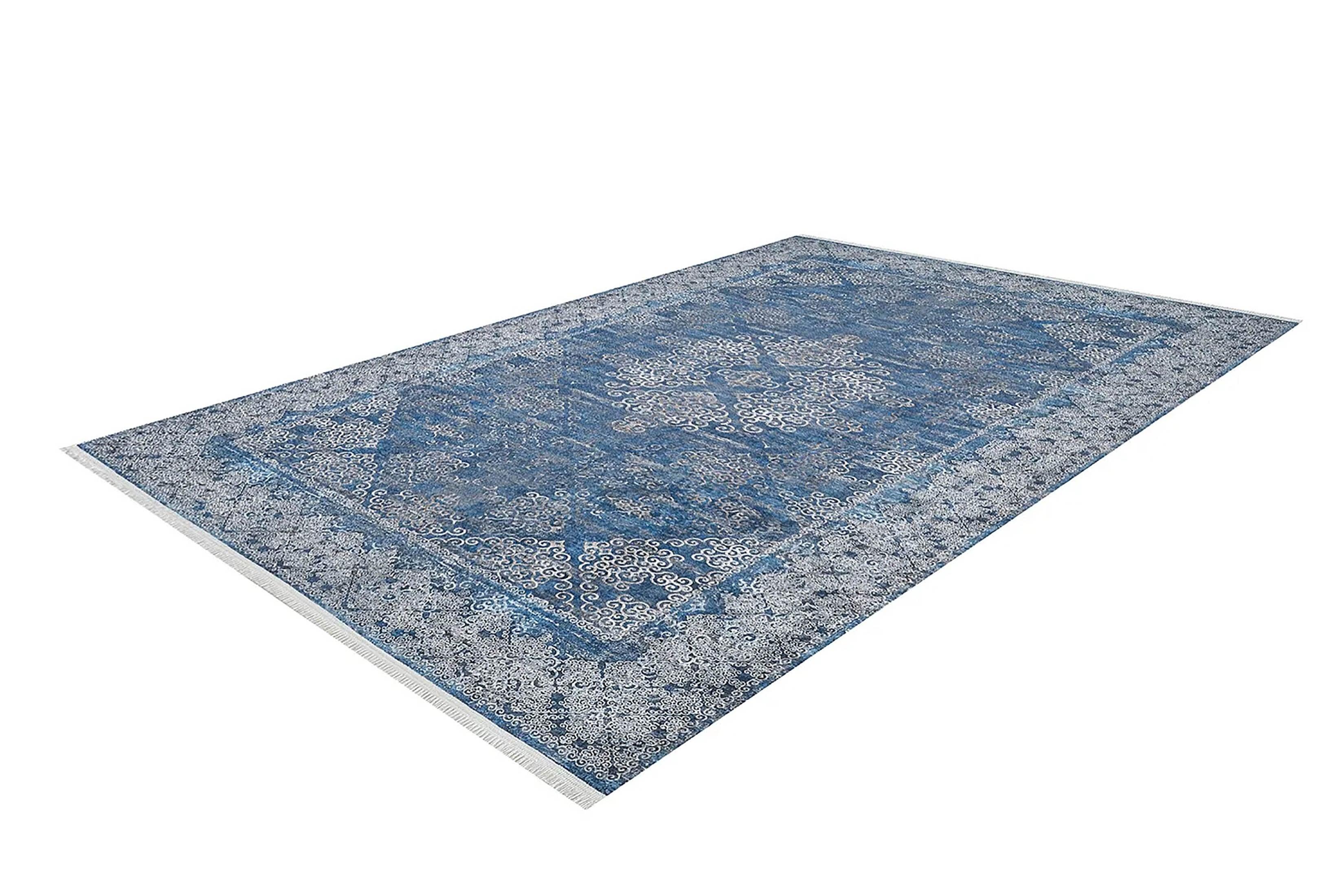 Lacivert Gri Çiçekli Vintage Madalyonlu Geometrik Halı