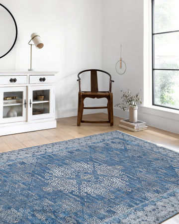 Lacivert Gri Çiçekli Vintage Madalyonlu Geometrik Halı