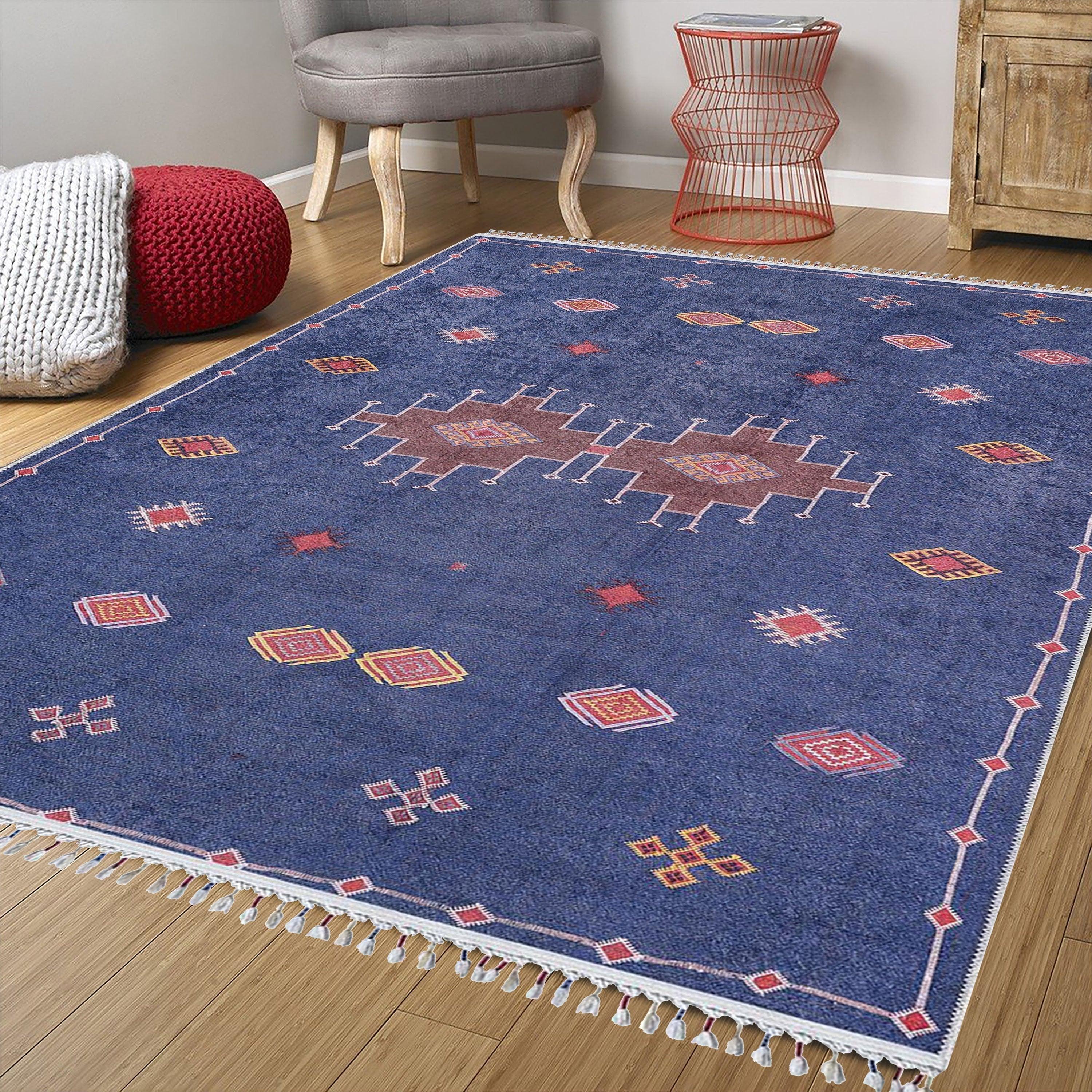 Lacivert Kırmızı Geometrik Desenli Anadolu Kilim Halı