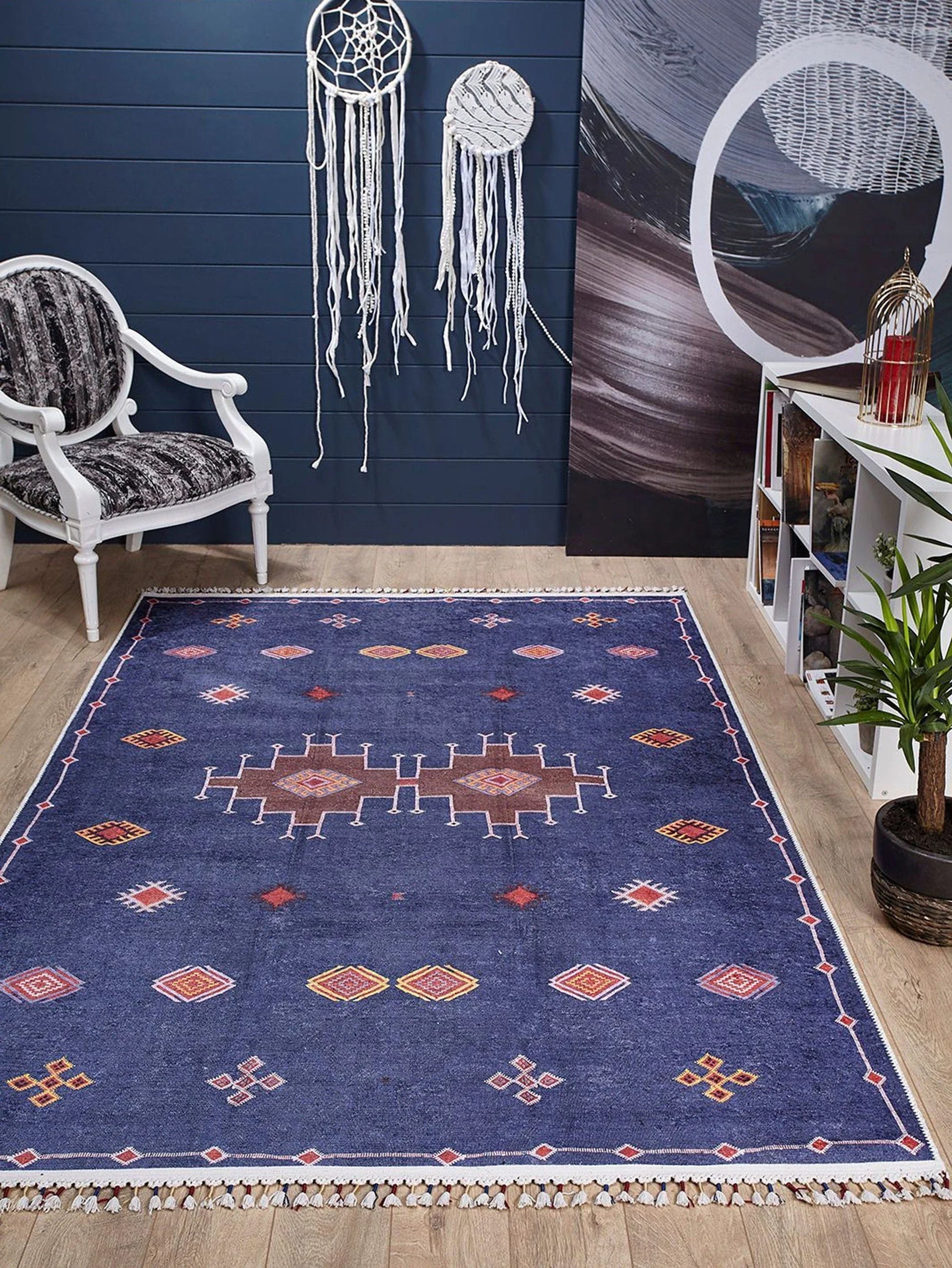 Lacivert Kırmızı Geometrik Desenli Anadolu Kilim Halı