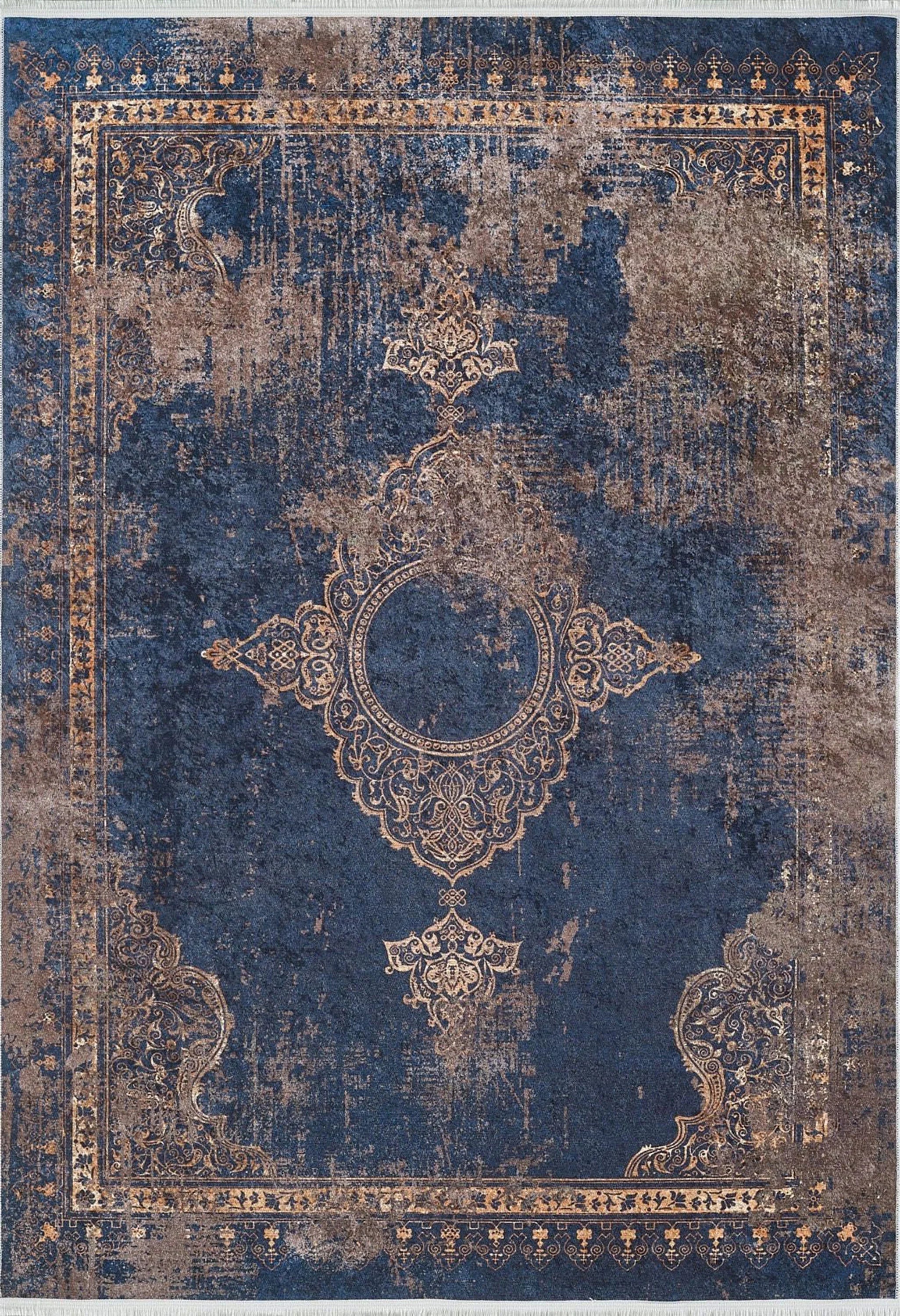 Lacivert Bej Kahverengi Geometrik Desenli Kilim Halı