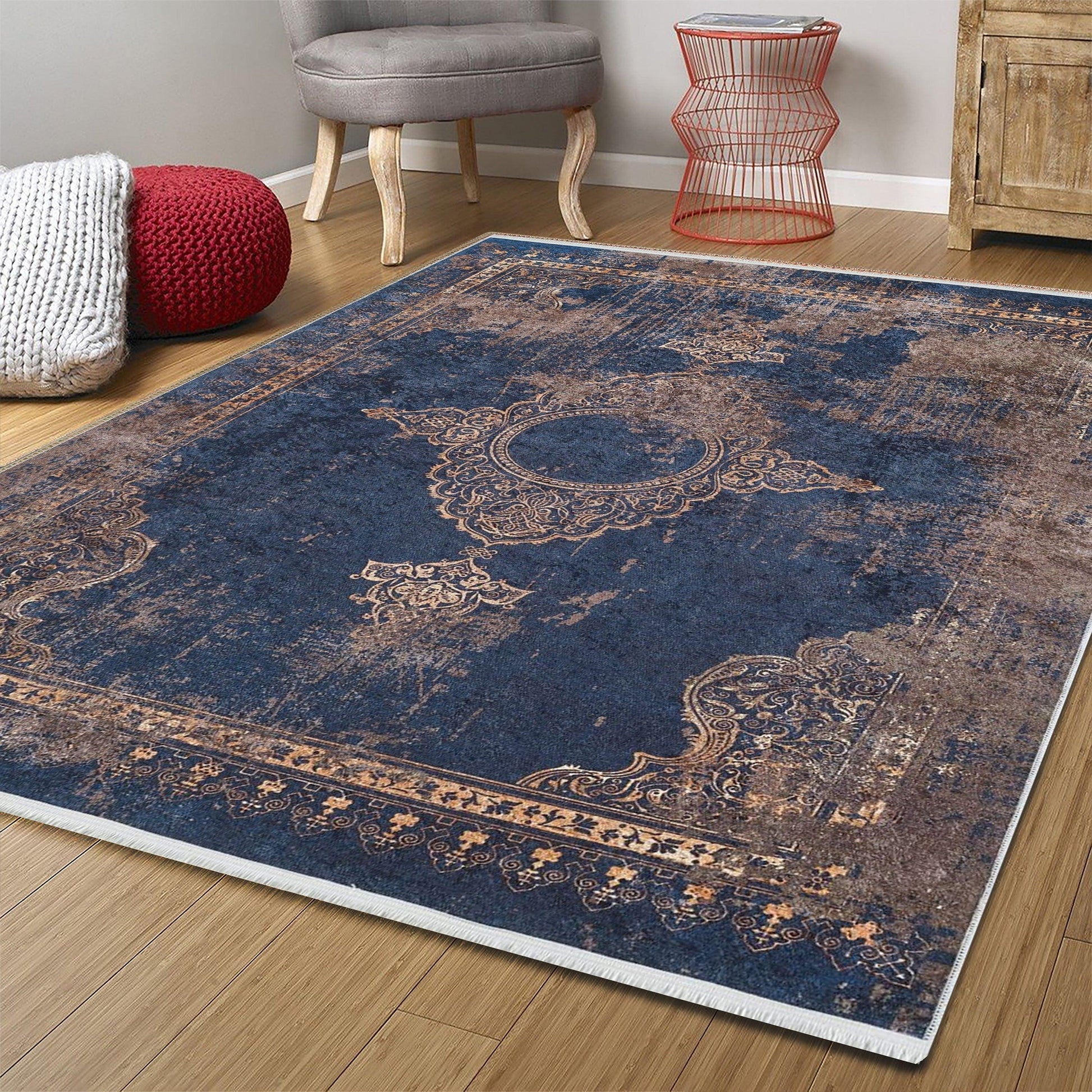 Lacivert Bej Kahverengi Geometrik Desenli Kilim Halı