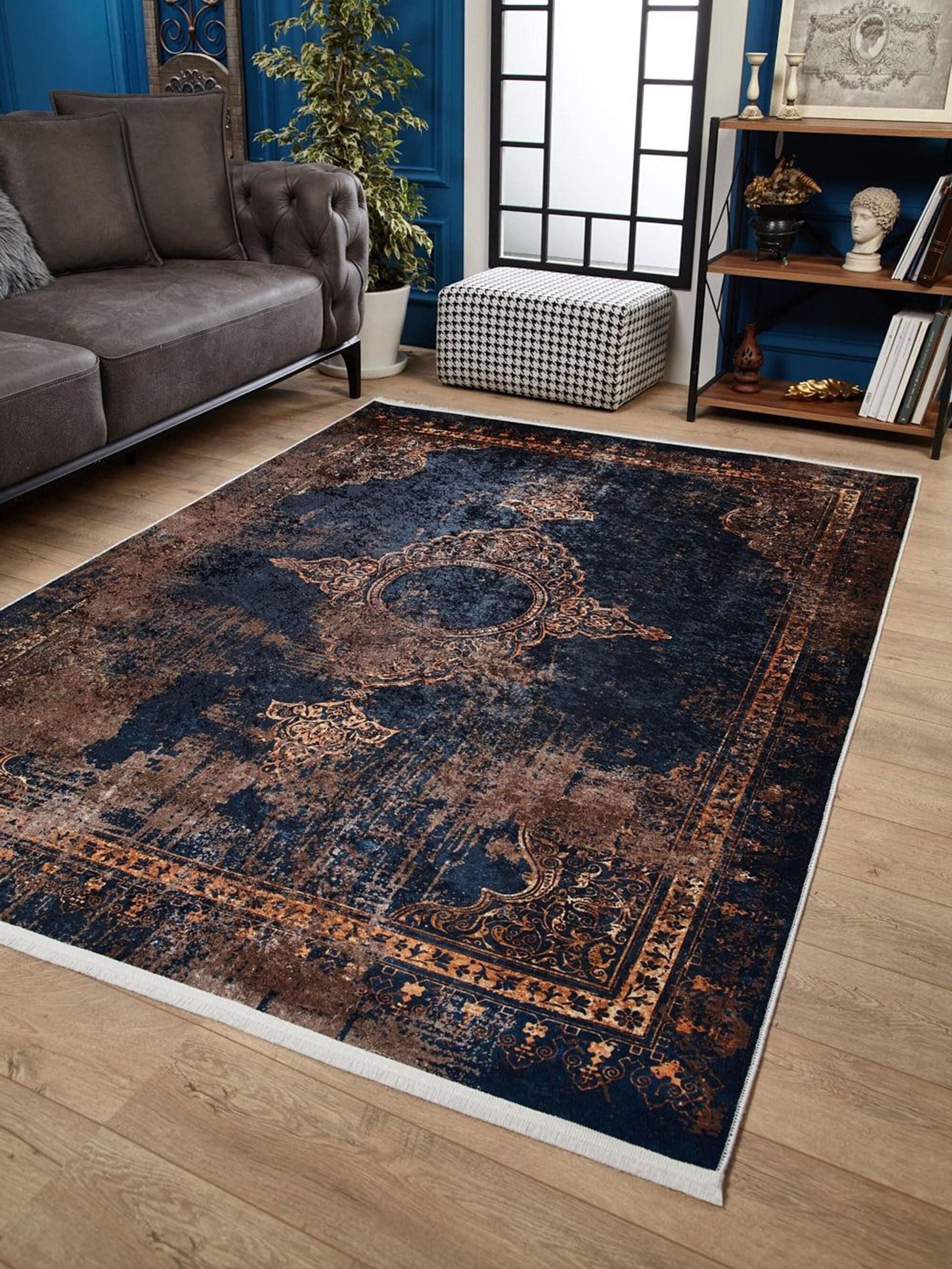 Lacivert Bej Kahverengi Geometrik Desenli Kilim Halı