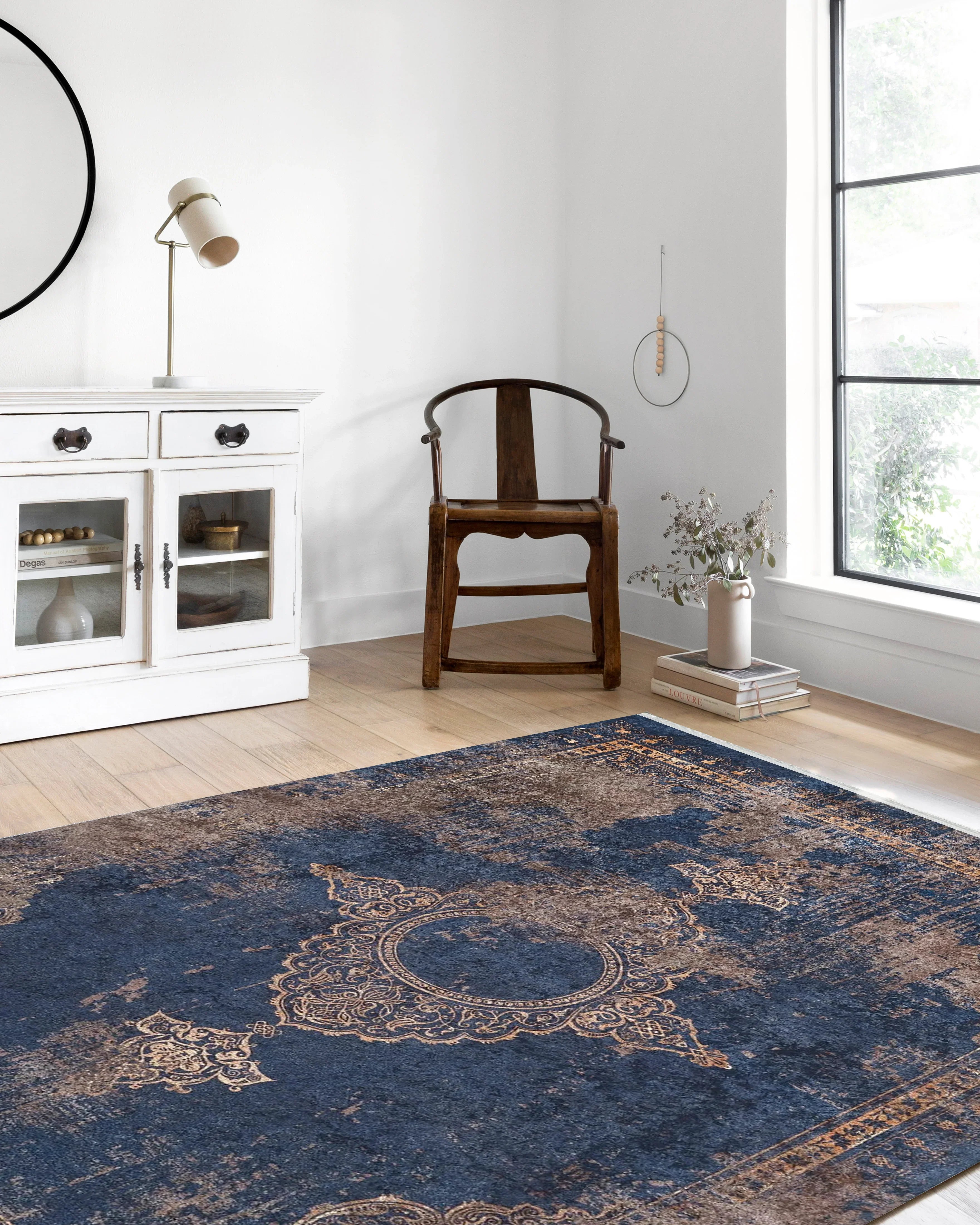 Lacivert Bej Kahverengi Geometrik Desenli Kilim Halı