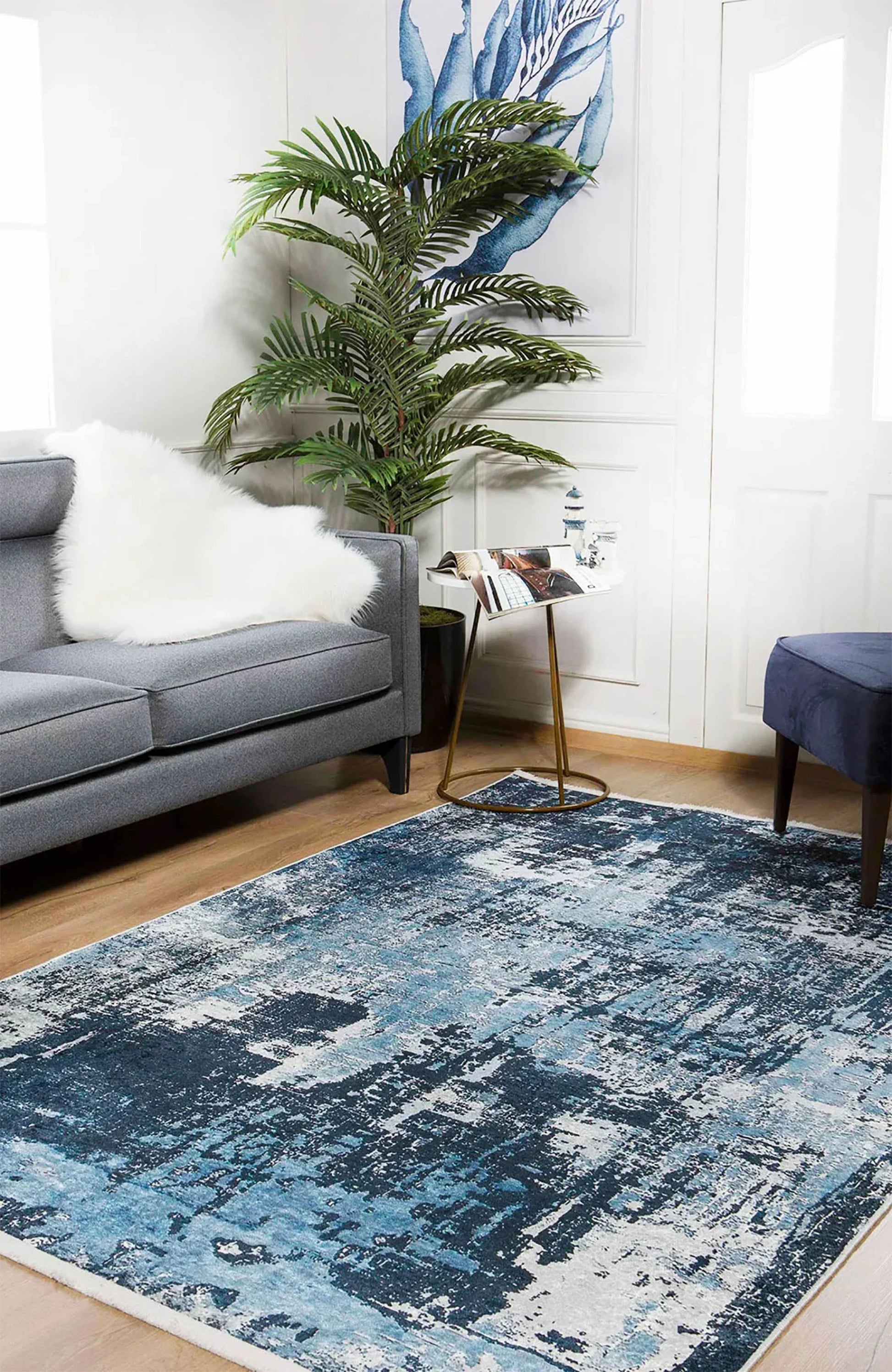 Lacivert ve Beyaz Yoğun Modern Soyut Sanat Halısı